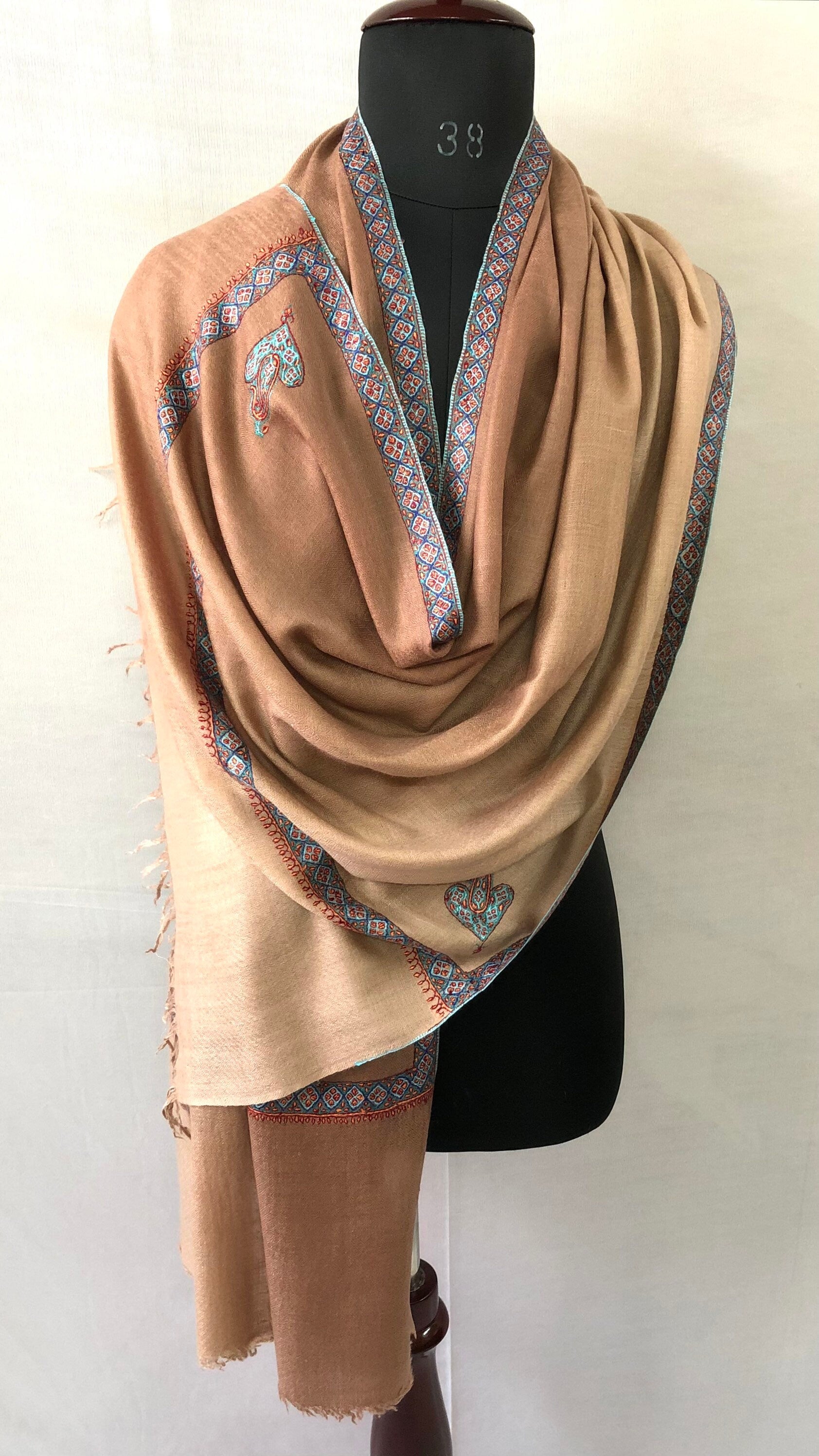 teacher gift Café au Lait Ombré Sozni Hand Embroidered Border Handwoven Real Cashmere Pashmina Stole Scarf Shawl - Mehraj Crafts 