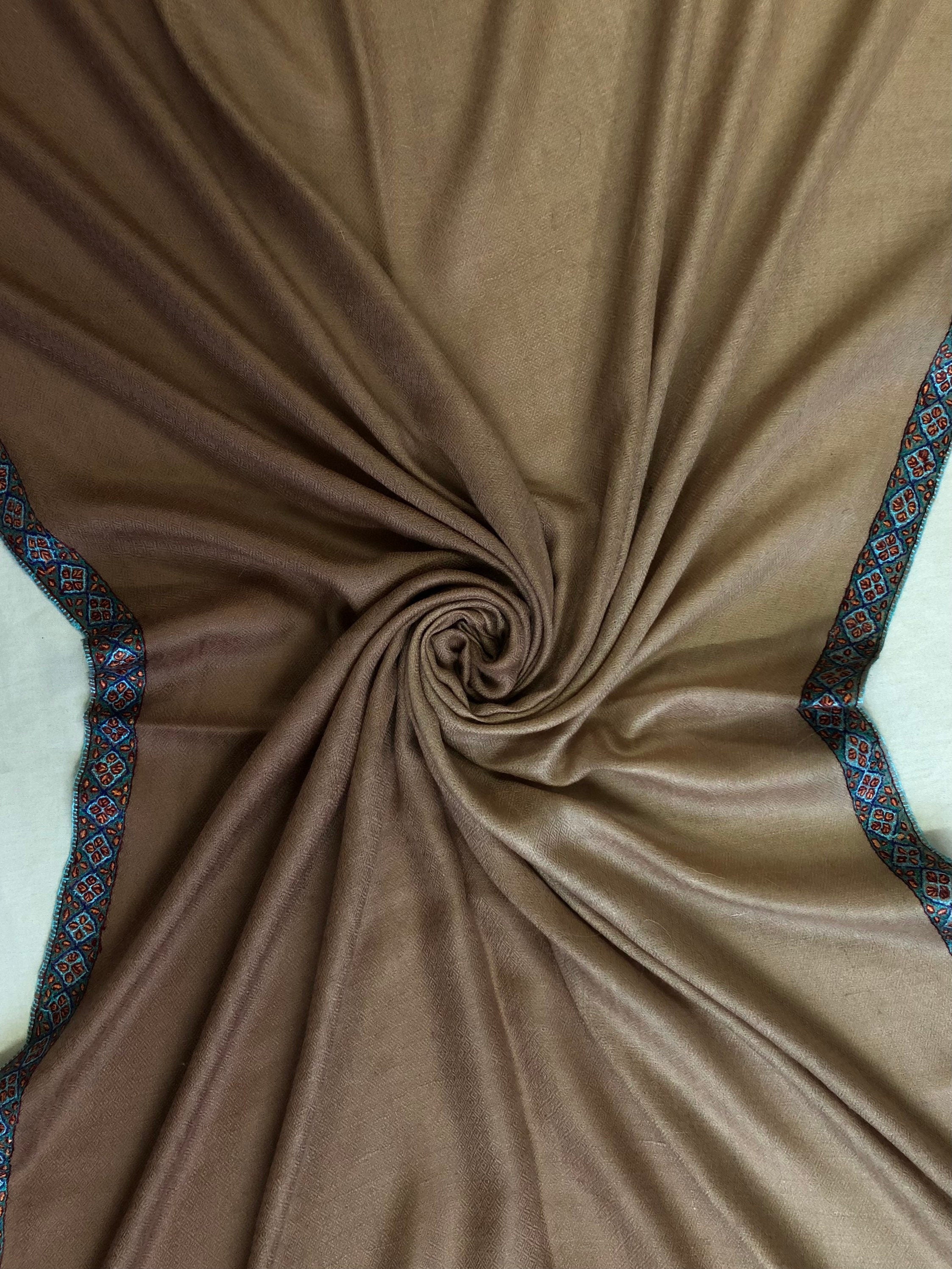 teacher gift Café au Lait Ombré Sozni Hand Embroidered Border Handwoven Real Cashmere Pashmina Stole Scarf Shawl - Mehraj Crafts 