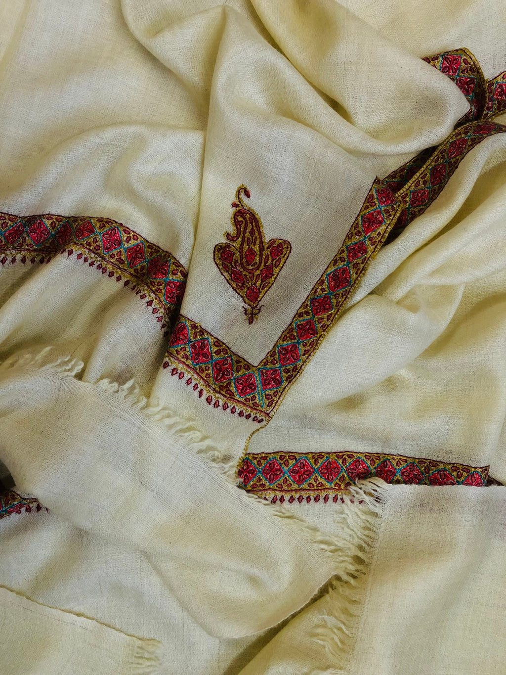 teacher gift French Vanilla Sozni Hand Embroidered Border Handwoven Real Cashmere Pashmina Stole Scarf Shawl - Mehraj Crafts 