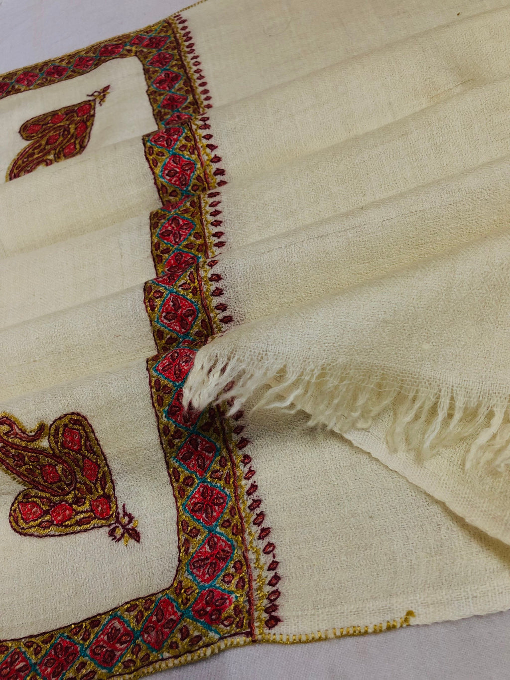 teacher gift French Vanilla Sozni Hand Embroidered Border Handwoven Real Cashmere Pashmina Stole Scarf Shawl - Mehraj Crafts 