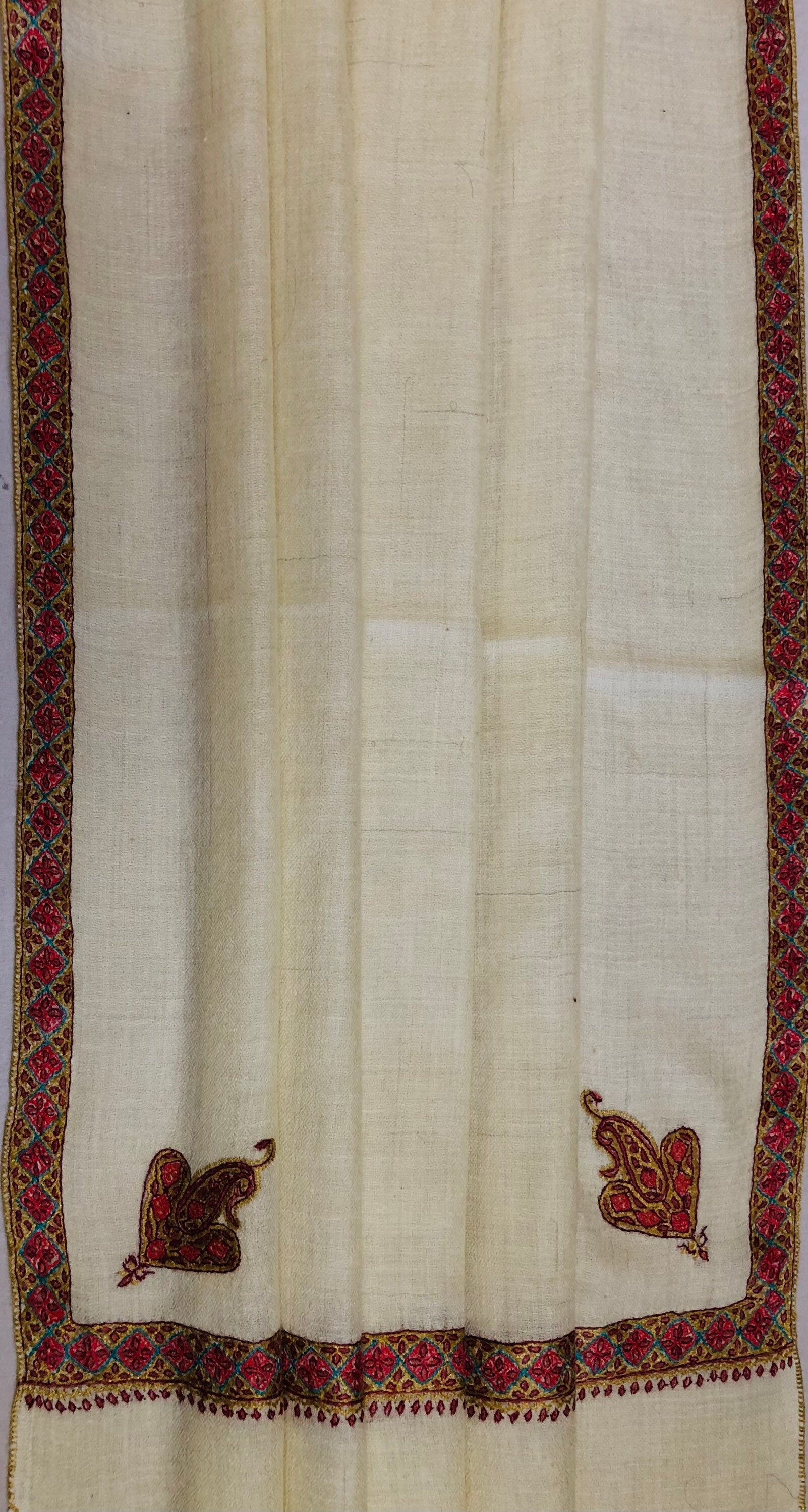 teacher gift French Vanilla Sozni Hand Embroidered Border Handwoven Real Cashmere Pashmina Stole Scarf Shawl - Mehraj Crafts 