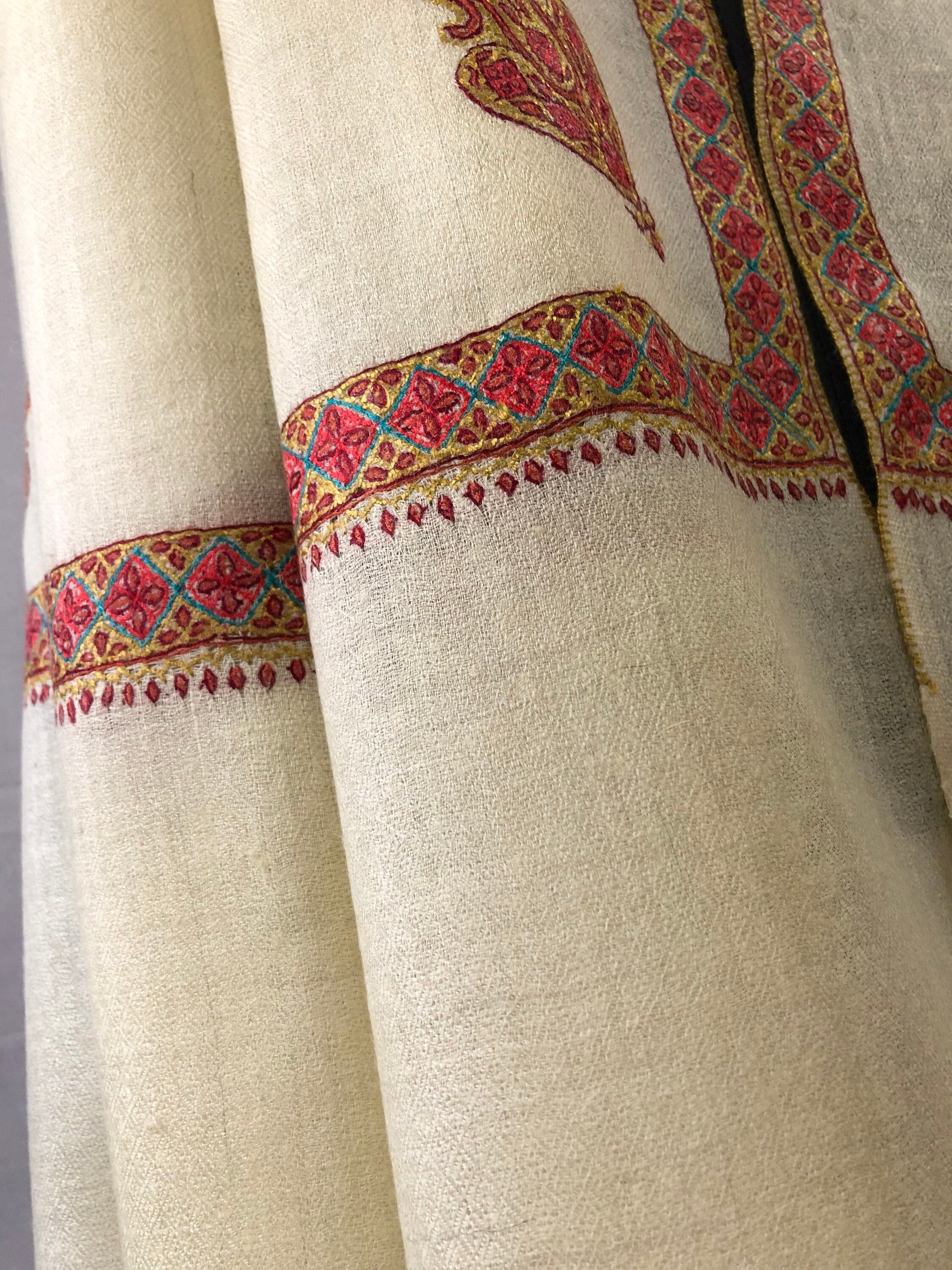 teacher gift French Vanilla Sozni Hand Embroidered Border Handwoven Real Cashmere Pashmina Stole Scarf Shawl - Mehraj Crafts 