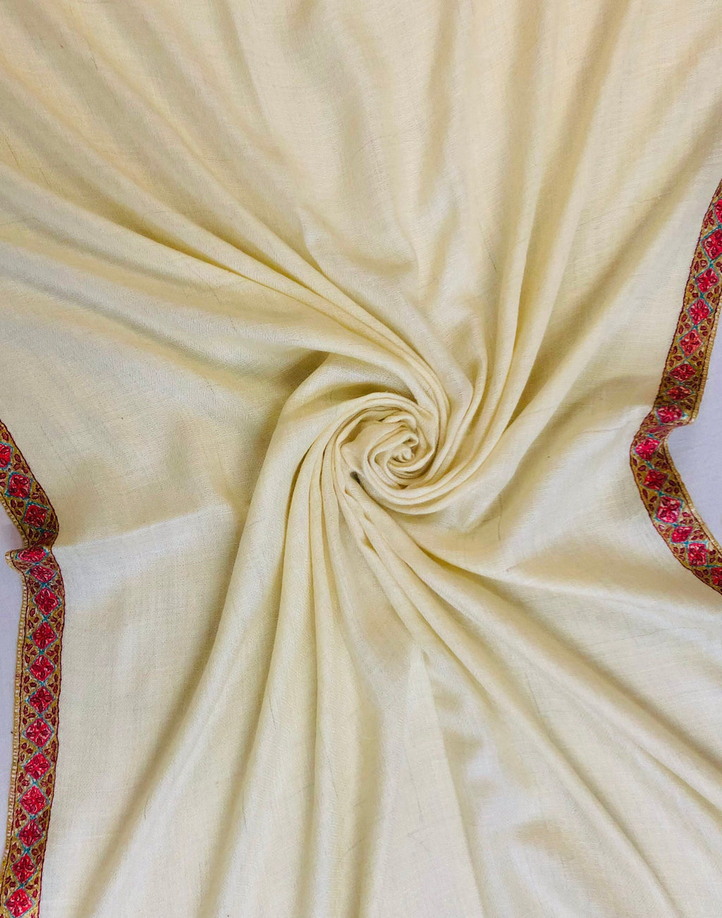 teacher gift French Vanilla Sozni Hand Embroidered Border Handwoven Real Cashmere Pashmina Stole Scarf Shawl - Mehraj Crafts 