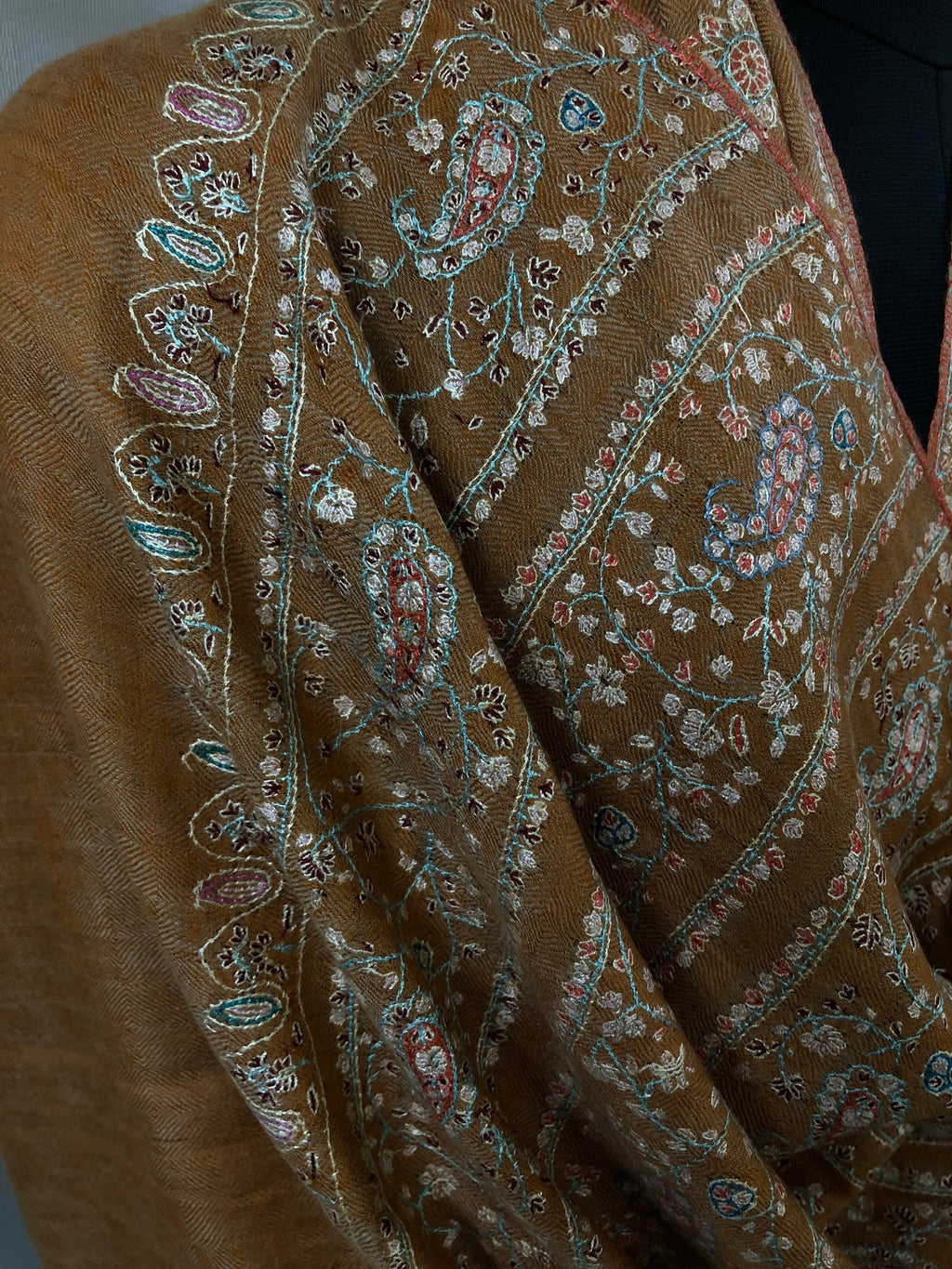 Pashmina Black FridayHazel modern design micro fine sozni hand embroidered real cashmere pashmina stole scarf shawl - Mehraj Crafts 