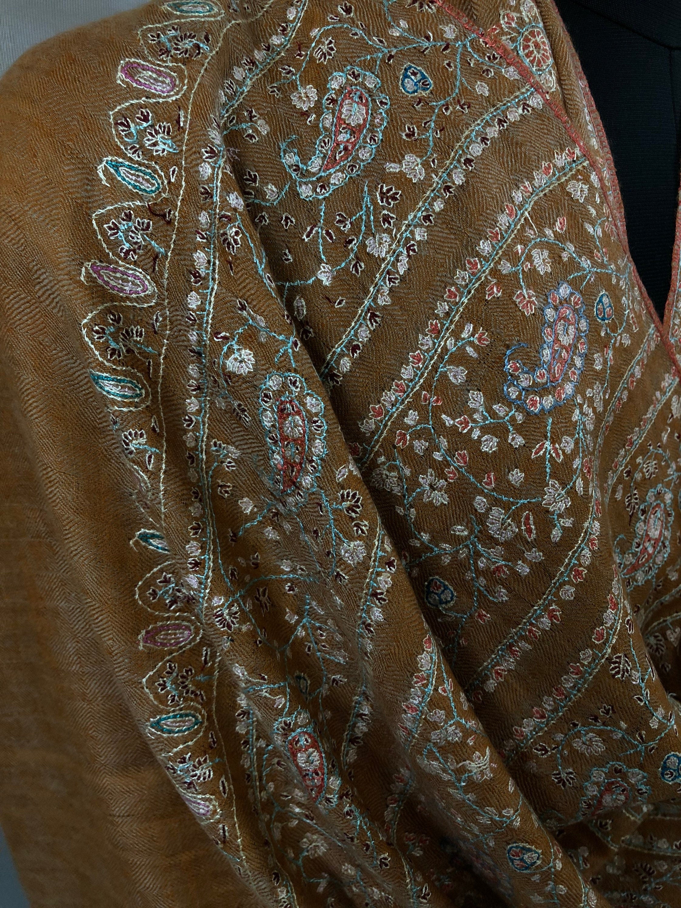 Pashmina Black FridayHazel modern design micro fine sozni hand embroidered real cashmere pashmina stole scarf shawl - Mehraj Crafts 