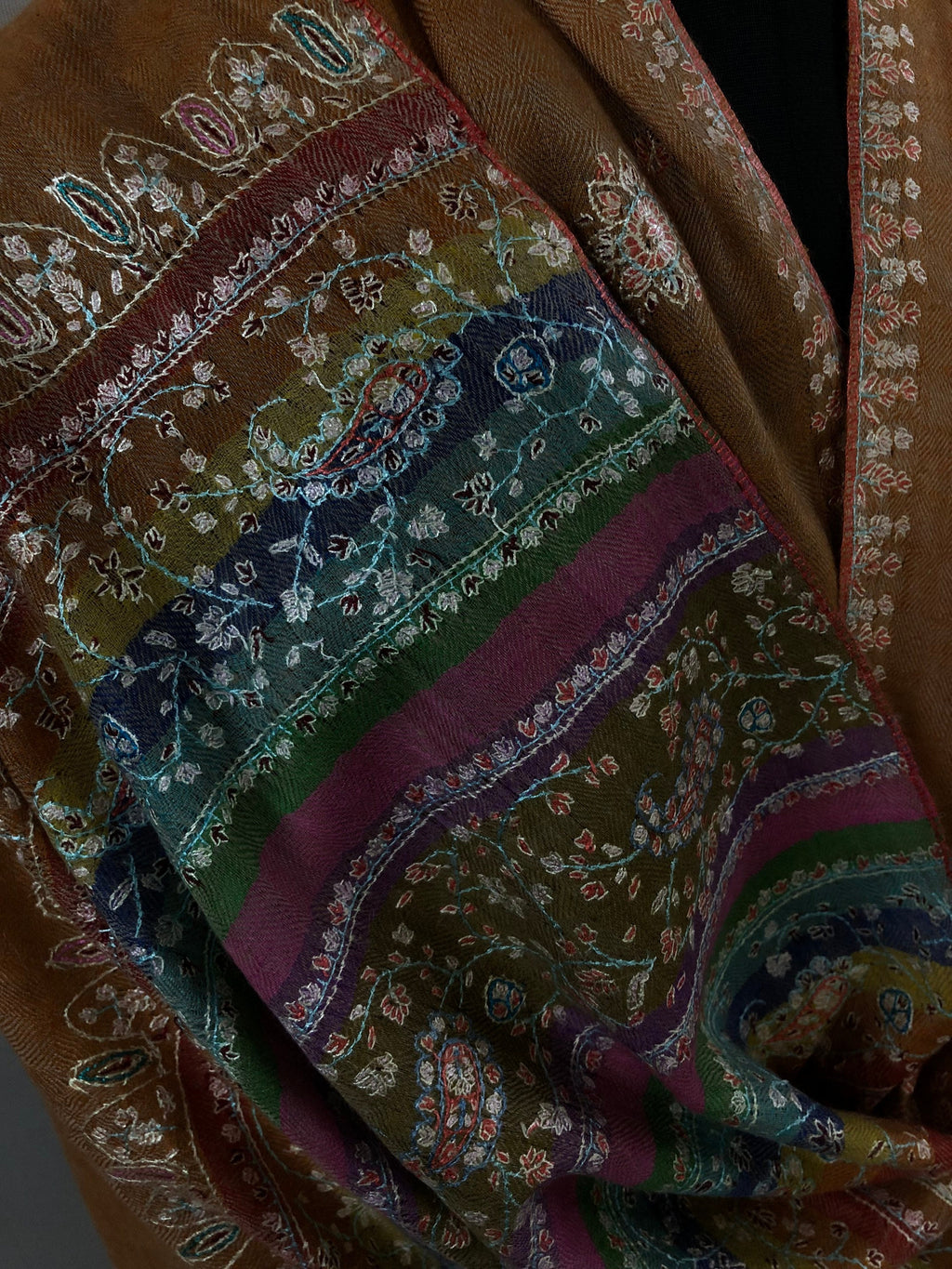 Pashmina Black FridayHazel modern design micro fine sozni hand embroidered real cashmere pashmina stole scarf shawl - Mehraj Crafts 