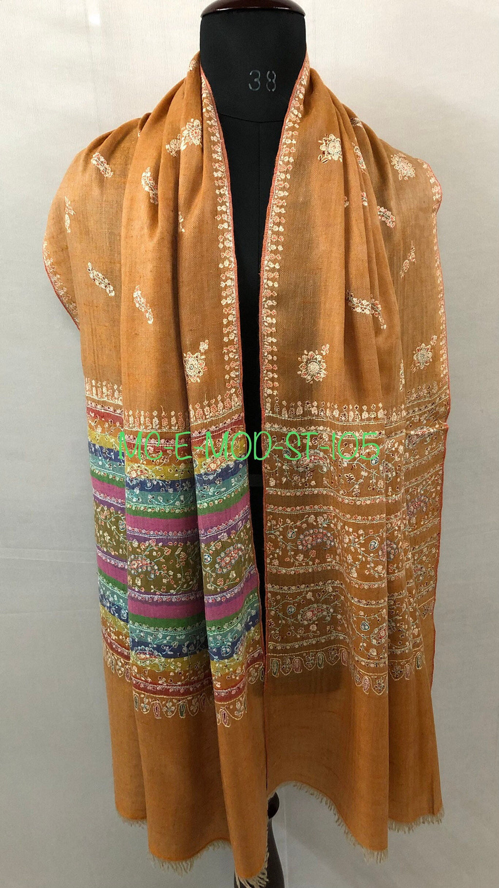 Hand Embroidered Cashmere Pashmina Scarf: Hazel Sozni Stole Shawl