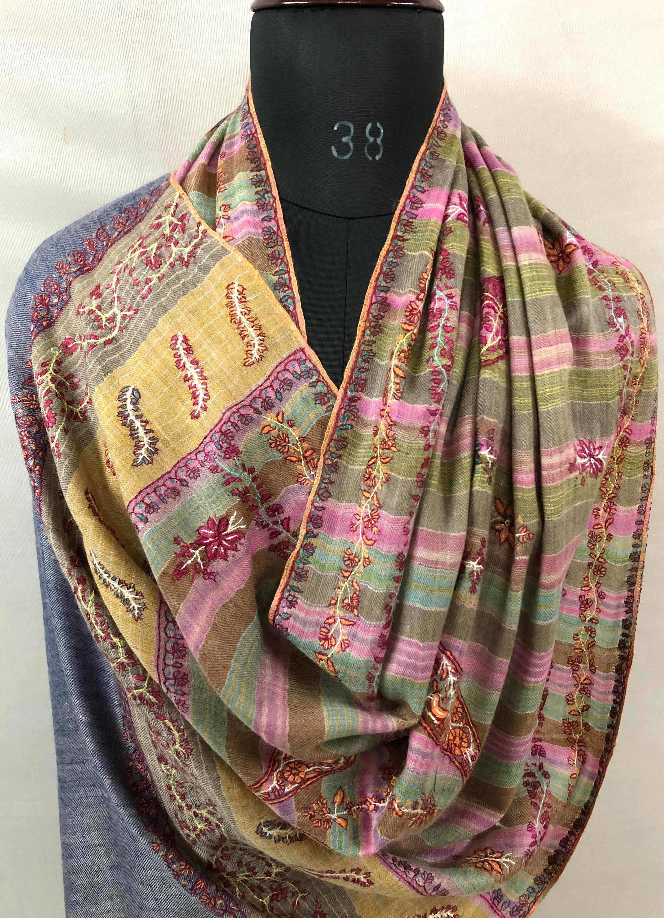 Cashmere Rose Magical Multicoloured Stripes Modern Design Sozni Embroidery Handwoven Real Cashmere Pashmina Stole Scarf Shawl - Mehraj Crafts 