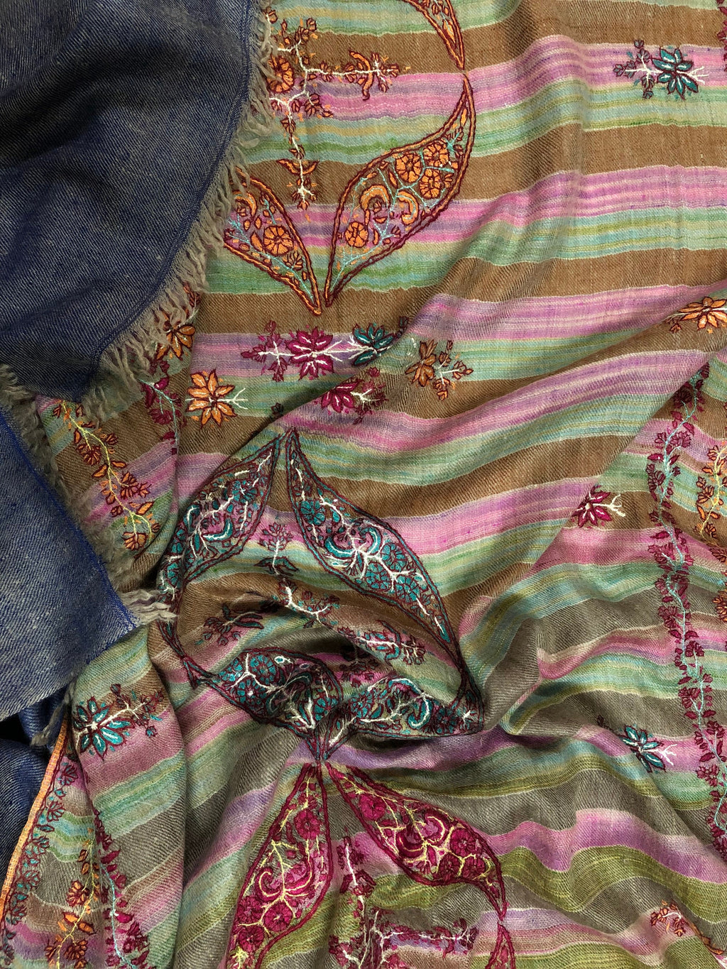 Cashmere Rose Magical Multicoloured Stripes Modern Design Sozni Embroidery Handwoven Real Cashmere Pashmina Stole Scarf Shawl - Mehraj Crafts 
