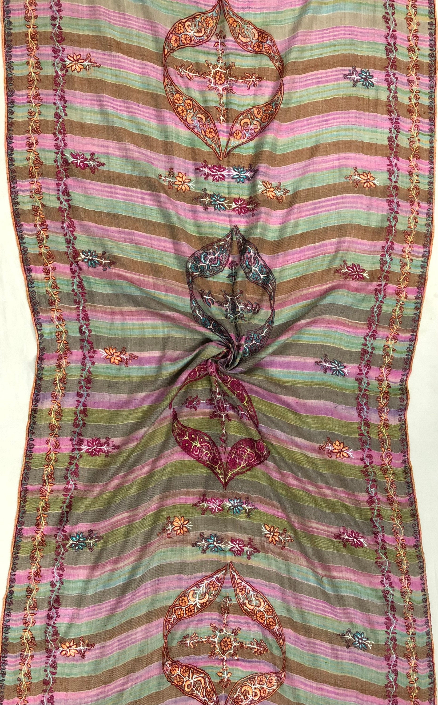 Cashmere Rose Magical Multicoloured Stripes Modern Design Sozni Embroidery Handwoven Real Cashmere Pashmina Stole Scarf Shawl - Mehraj Crafts 