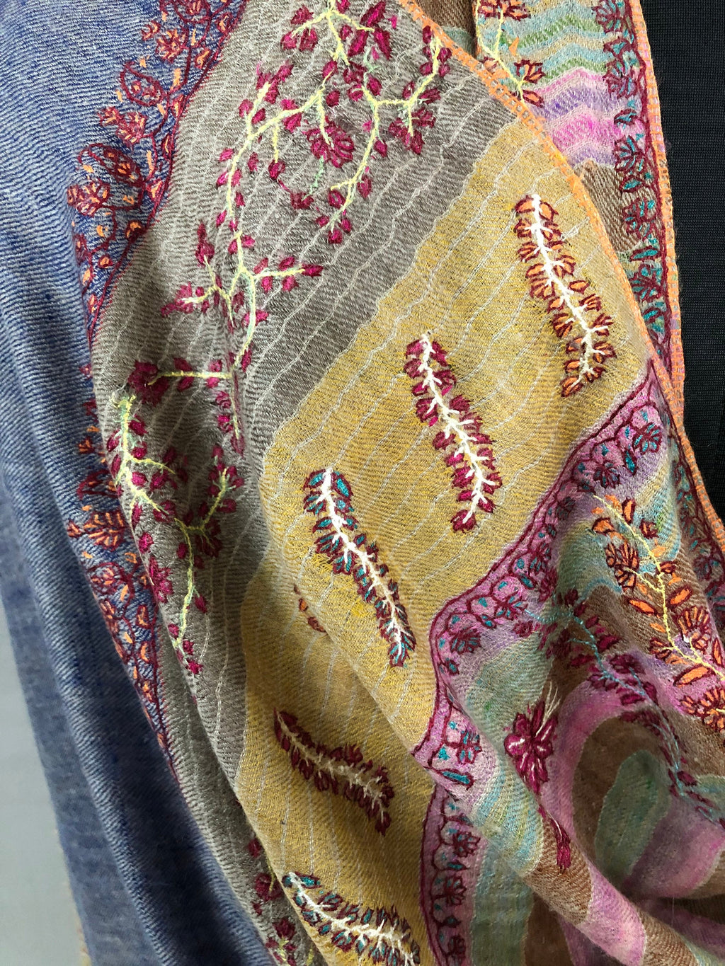 Cashmere Rose Magical Multicoloured Stripes Modern Design Sozni Embroidery Handwoven Real Cashmere Pashmina Stole Scarf Shawl - Mehraj Crafts 