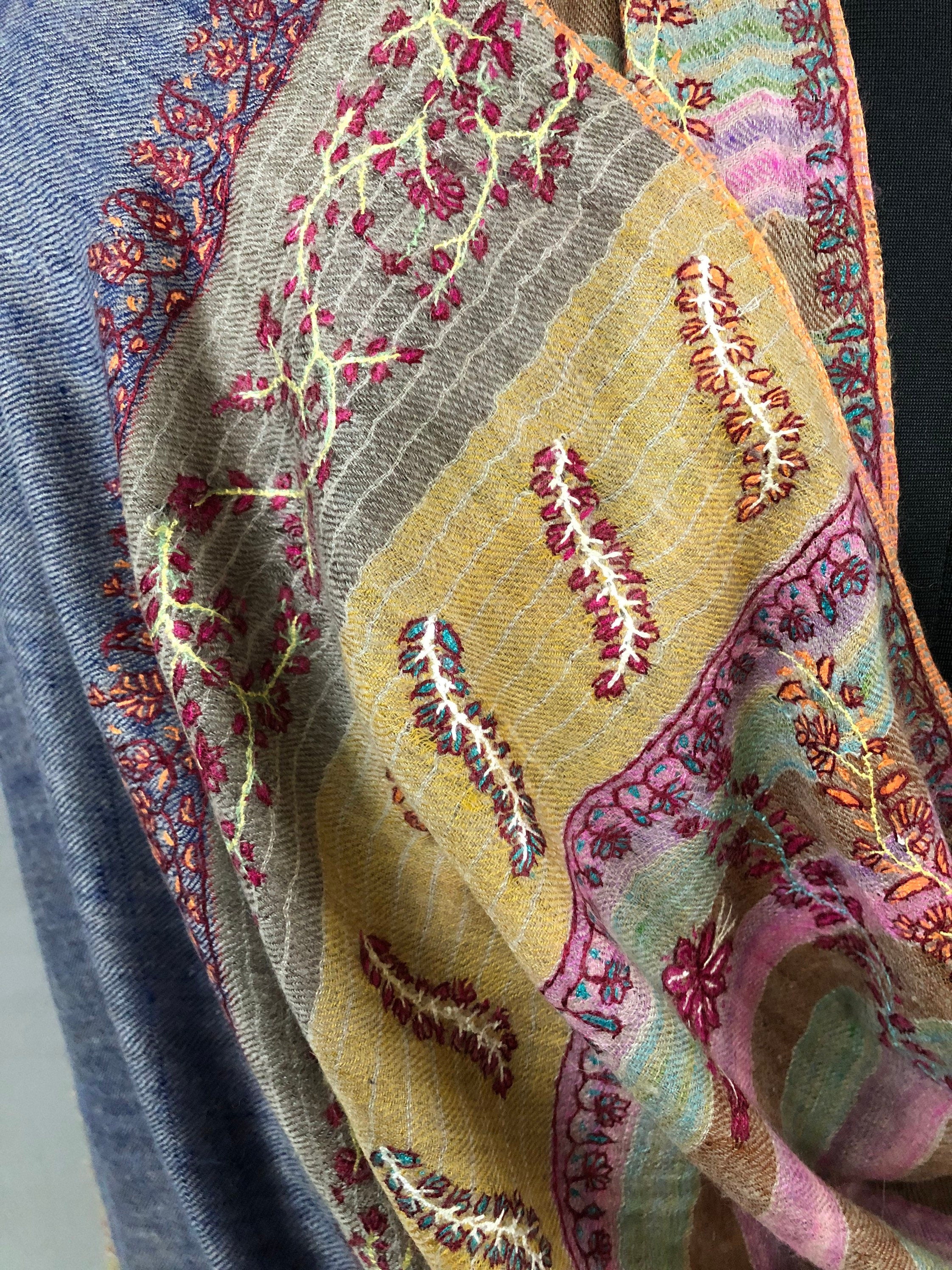 Cashmere Rose Magical Multicoloured Stripes Modern Design Sozni Embroidery Handwoven Real Cashmere Pashmina Stole Scarf Shawl - Mehraj Crafts 