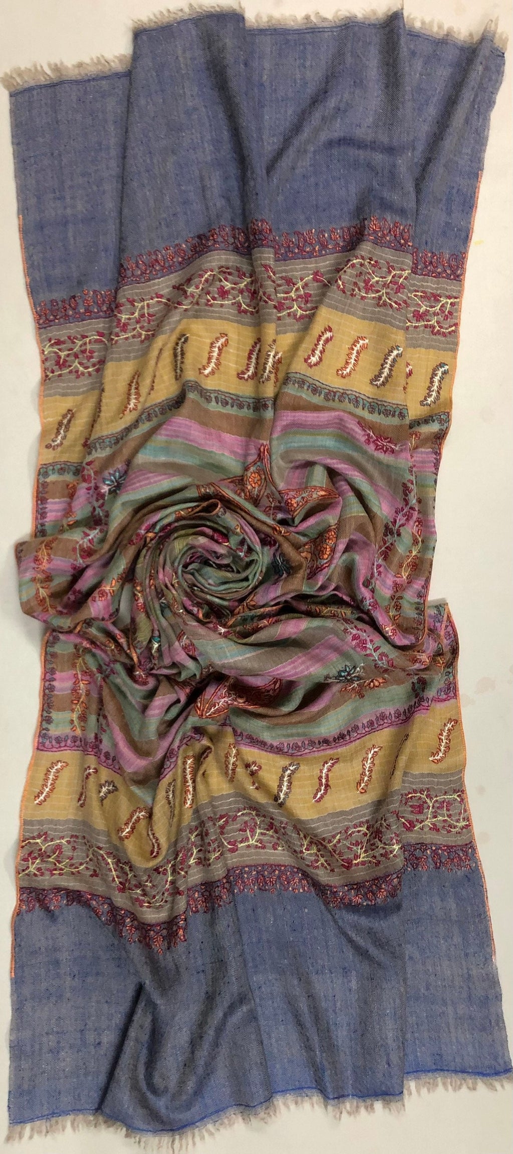 Cashmere Rose Magical Multicoloured Stripes Modern Design Sozni Embroidery Handwoven Real Cashmere Pashmina Stole Scarf Shawl - Mehraj Crafts 