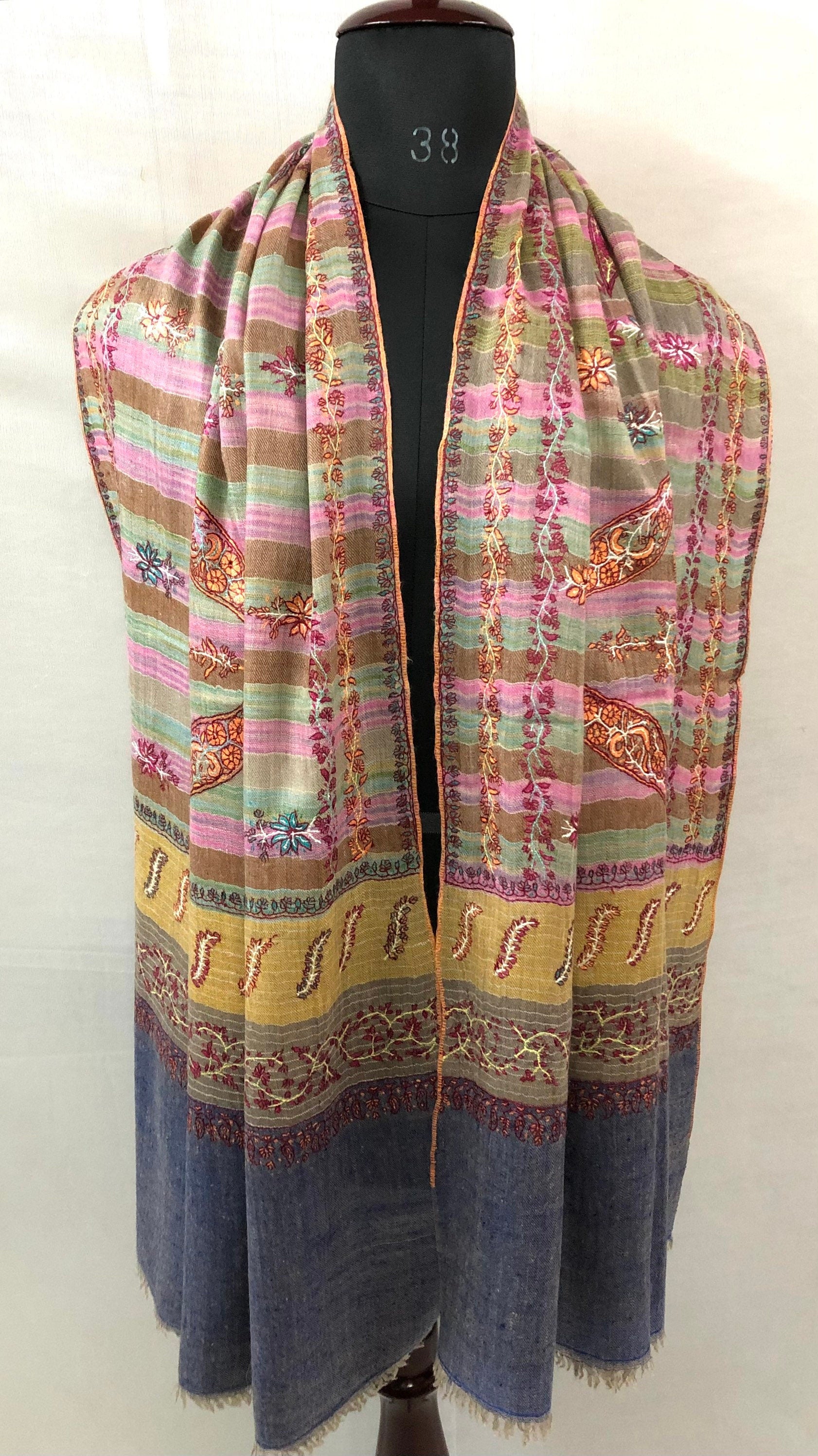 Cashmere Rose Magical Multicoloured Stripes Modern Design Sozni Embroidery Handwoven Real Cashmere Pashmina Stole Scarf Shawl - Mehraj Crafts 