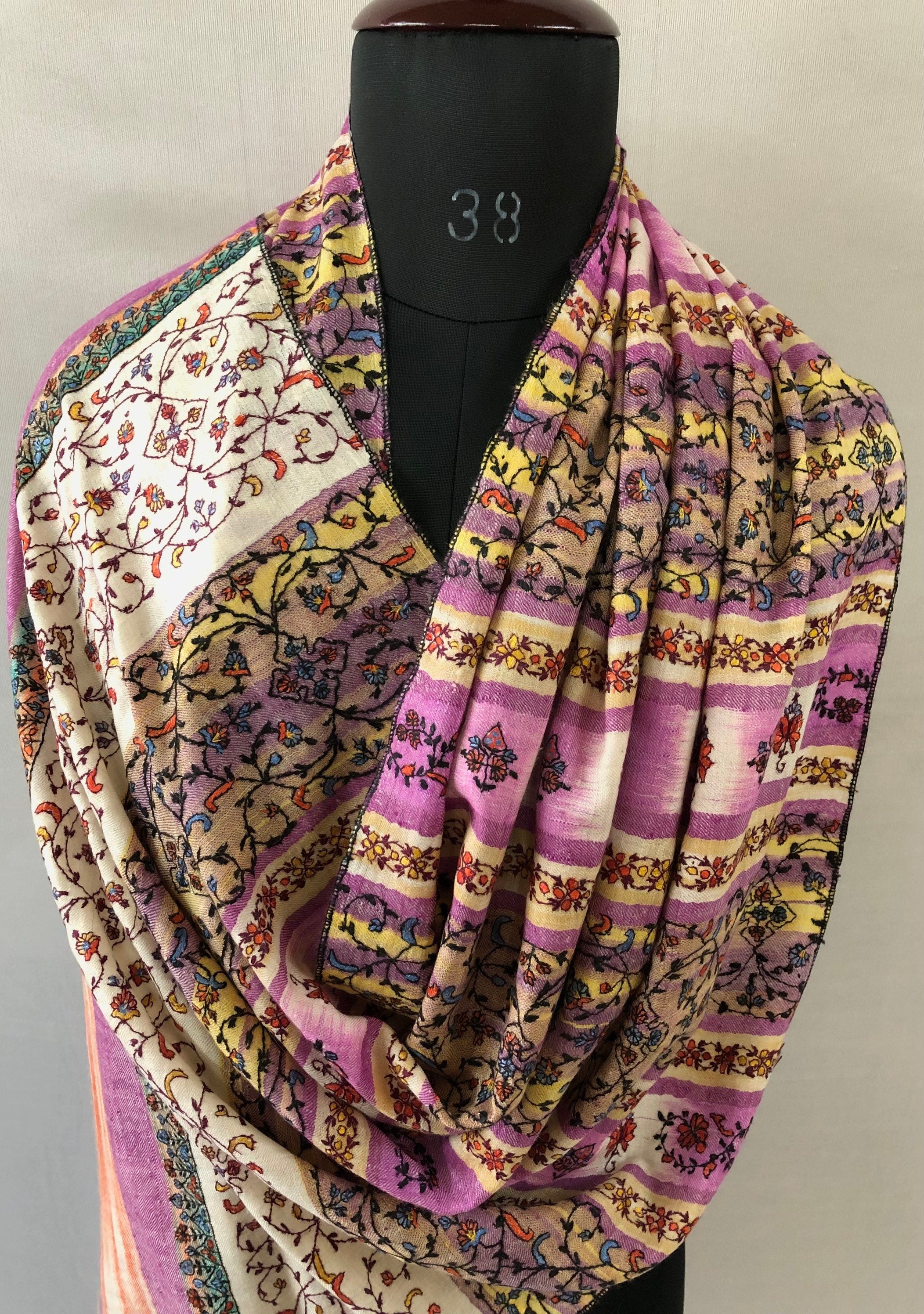 Pashmina Halloween Striking purple handwoven ikkat weave modern design hand embroidered real cashmere pashmina stole shawl - Mehraj Crafts 