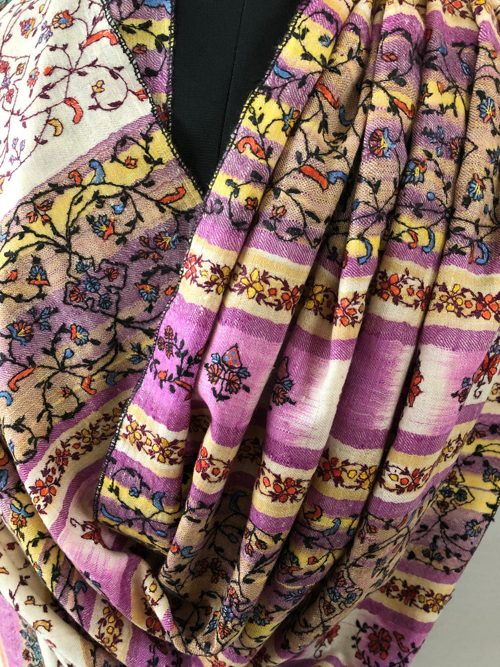 Pashmina Halloween Striking purple handwoven ikkat weave modern design hand embroidered real cashmere pashmina stole shawl - Mehraj Crafts 