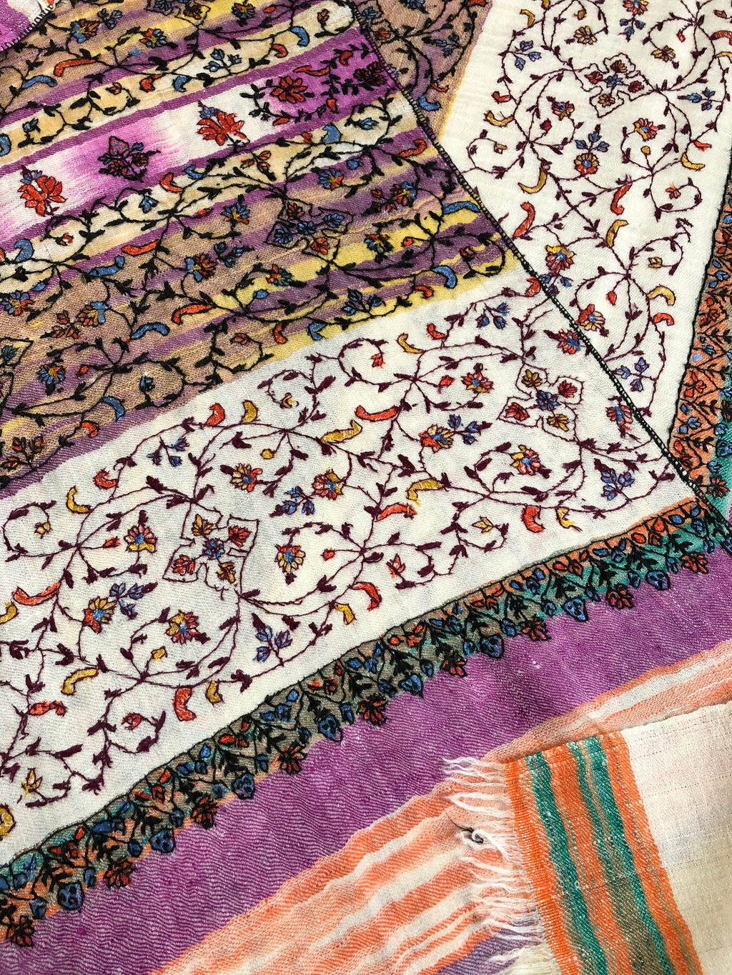 Pashmina Halloween Striking purple handwoven ikkat weave modern design hand embroidered real cashmere pashmina stole shawl - Mehraj Crafts 