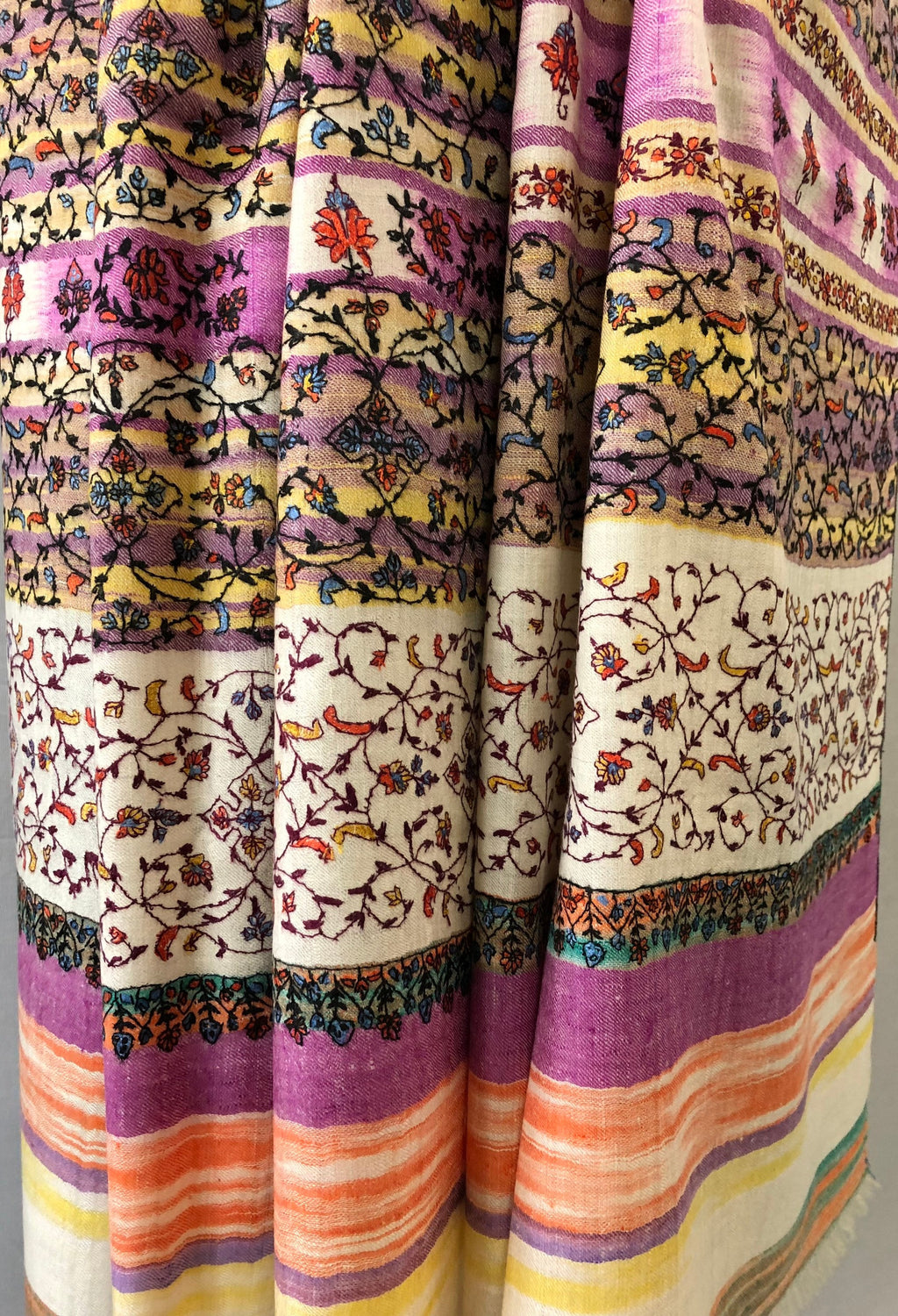 Pashmina Halloween Striking purple handwoven ikkat weave modern design hand embroidered real cashmere pashmina stole shawl - Mehraj Crafts 