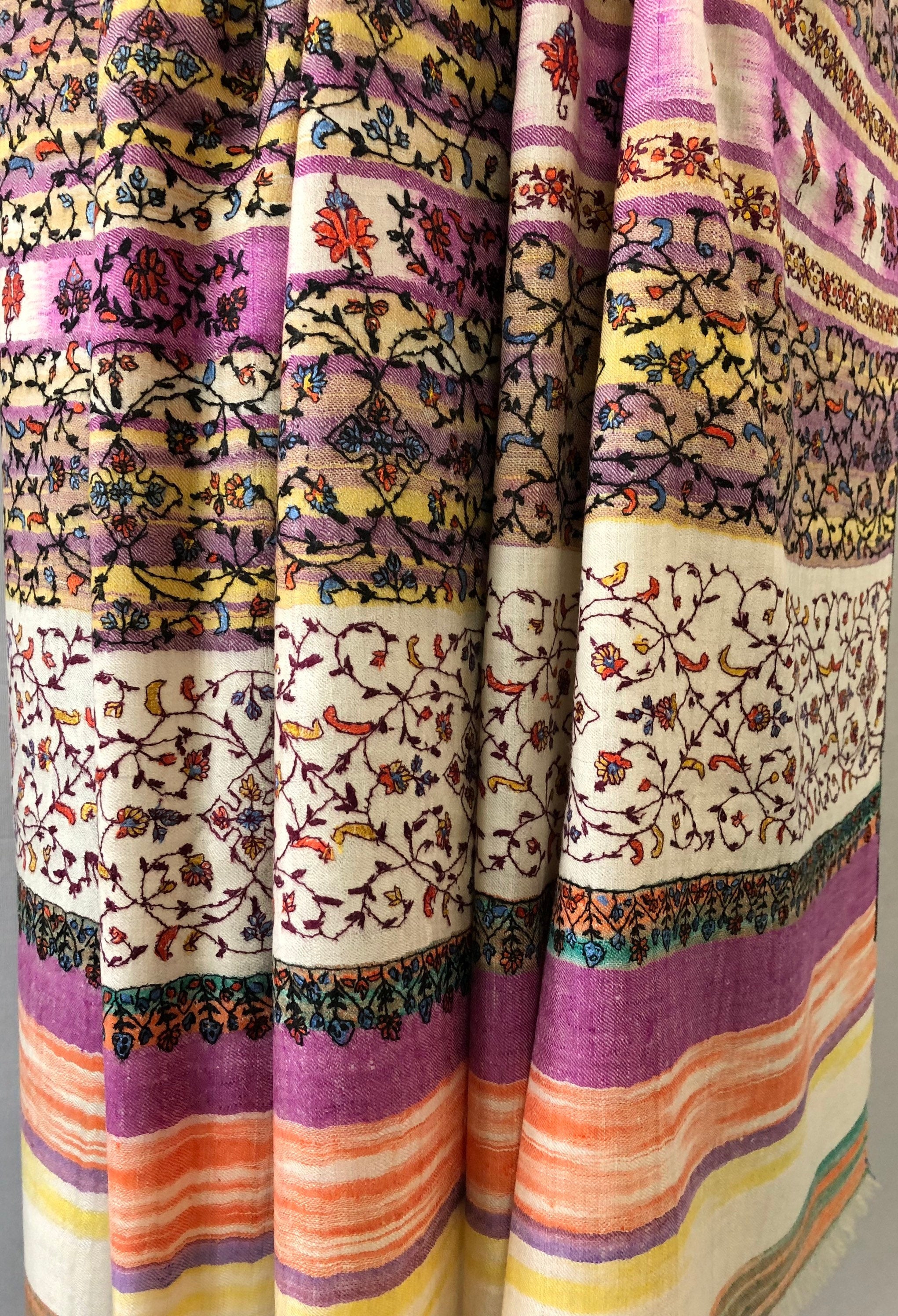 Pashmina Halloween Striking purple handwoven ikkat weave modern design hand embroidered real cashmere pashmina stole shawl - Mehraj Crafts 