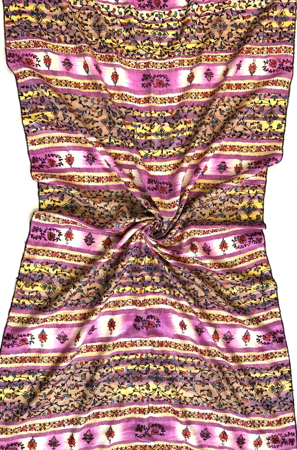 Handwoven Cashmere Pashmina Stole: Purple Ikkat Weave, Hand Embroidered