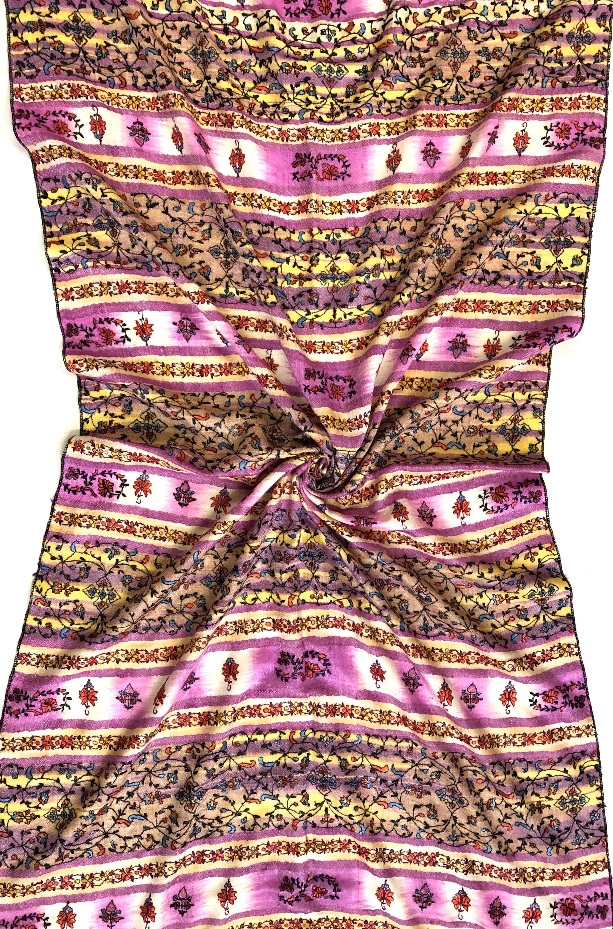 Handwoven Cashmere Pashmina Stole: Purple Ikkat Weave, Hand Embroidered