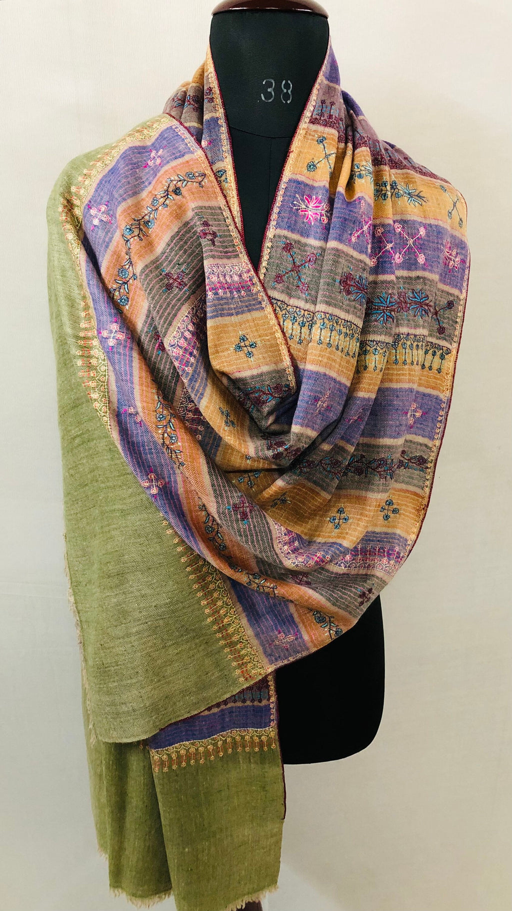 Pashmina Halloween Multicoloured chalk stripes modern design super micro fine hand embroidered real cashmere pashmina stole shawl - Mehraj Crafts 