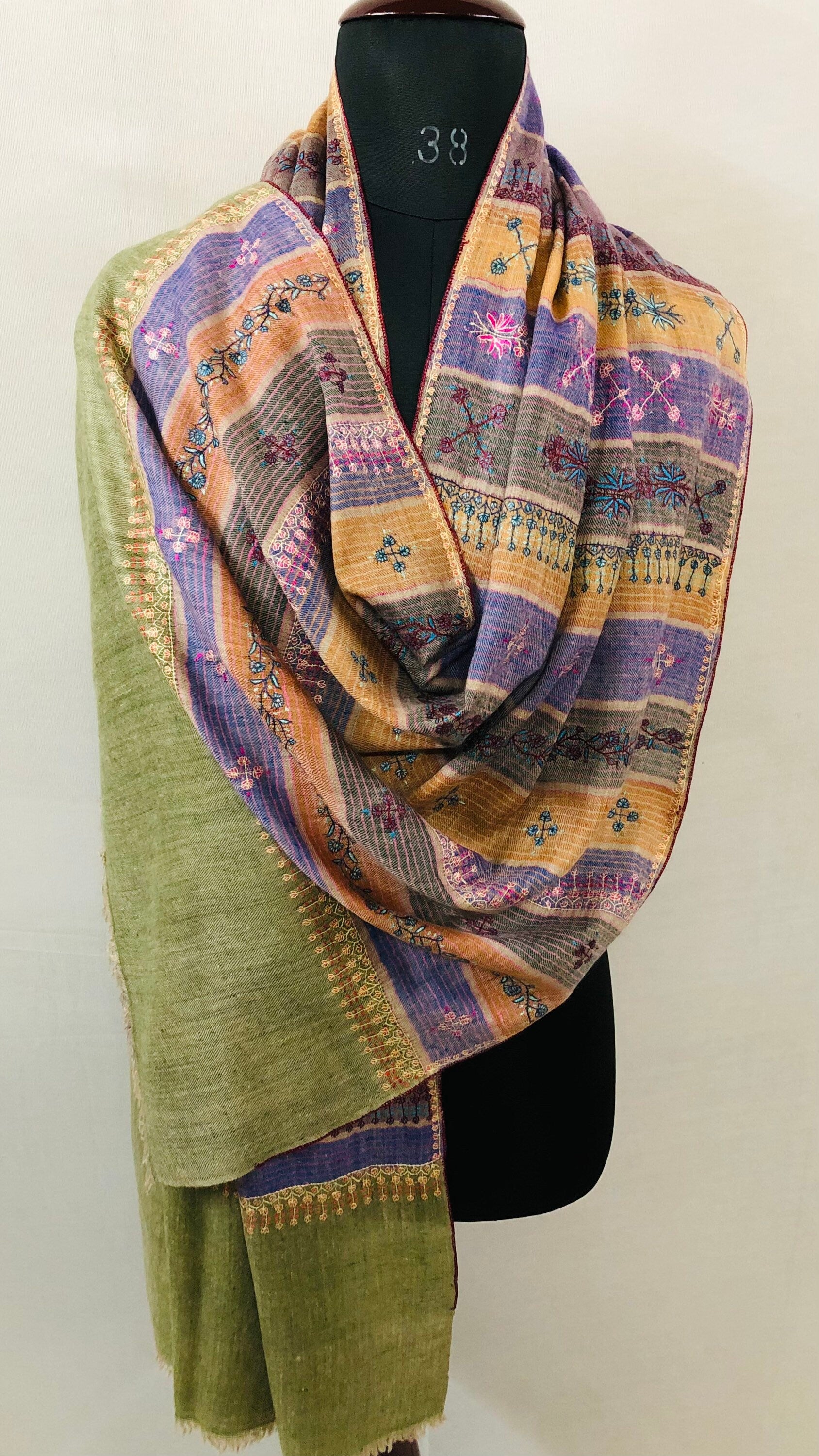 Pashmina Halloween Multicoloured chalk stripes modern design super micro fine hand embroidered real cashmere pashmina stole shawl - Mehraj Crafts 