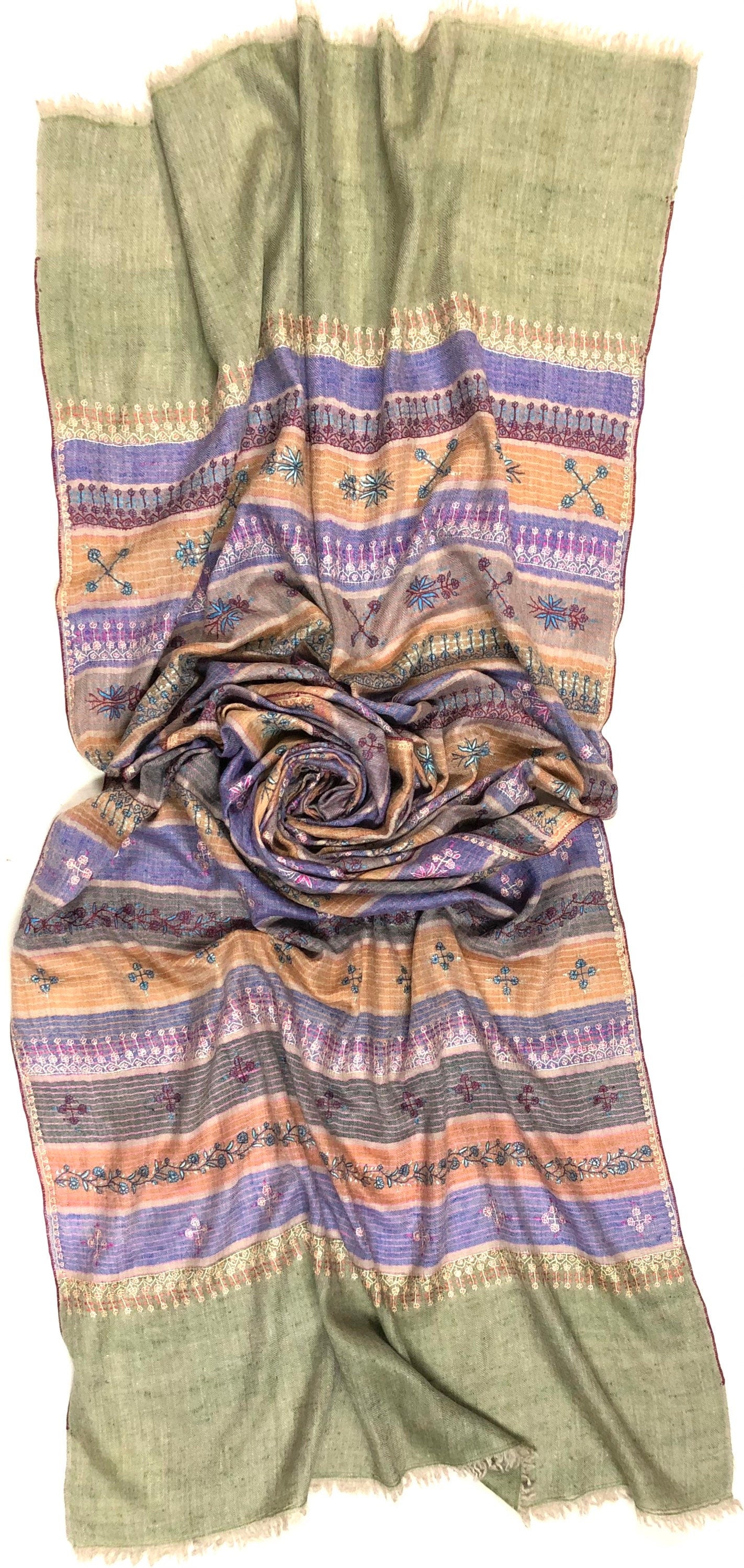 Pashmina Halloween Multicoloured chalk stripes modern design super micro fine hand embroidered real cashmere pashmina stole shawl - Mehraj Crafts 