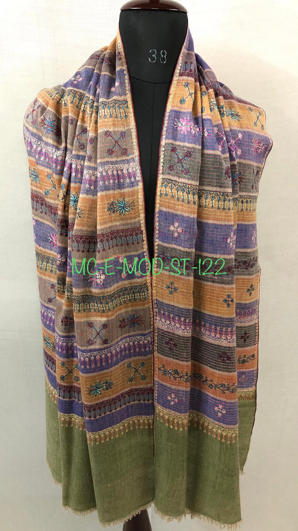 Hand Embroidered Cashmere Pashmina Stole: Multicoloured Halloween Chalk Stripes