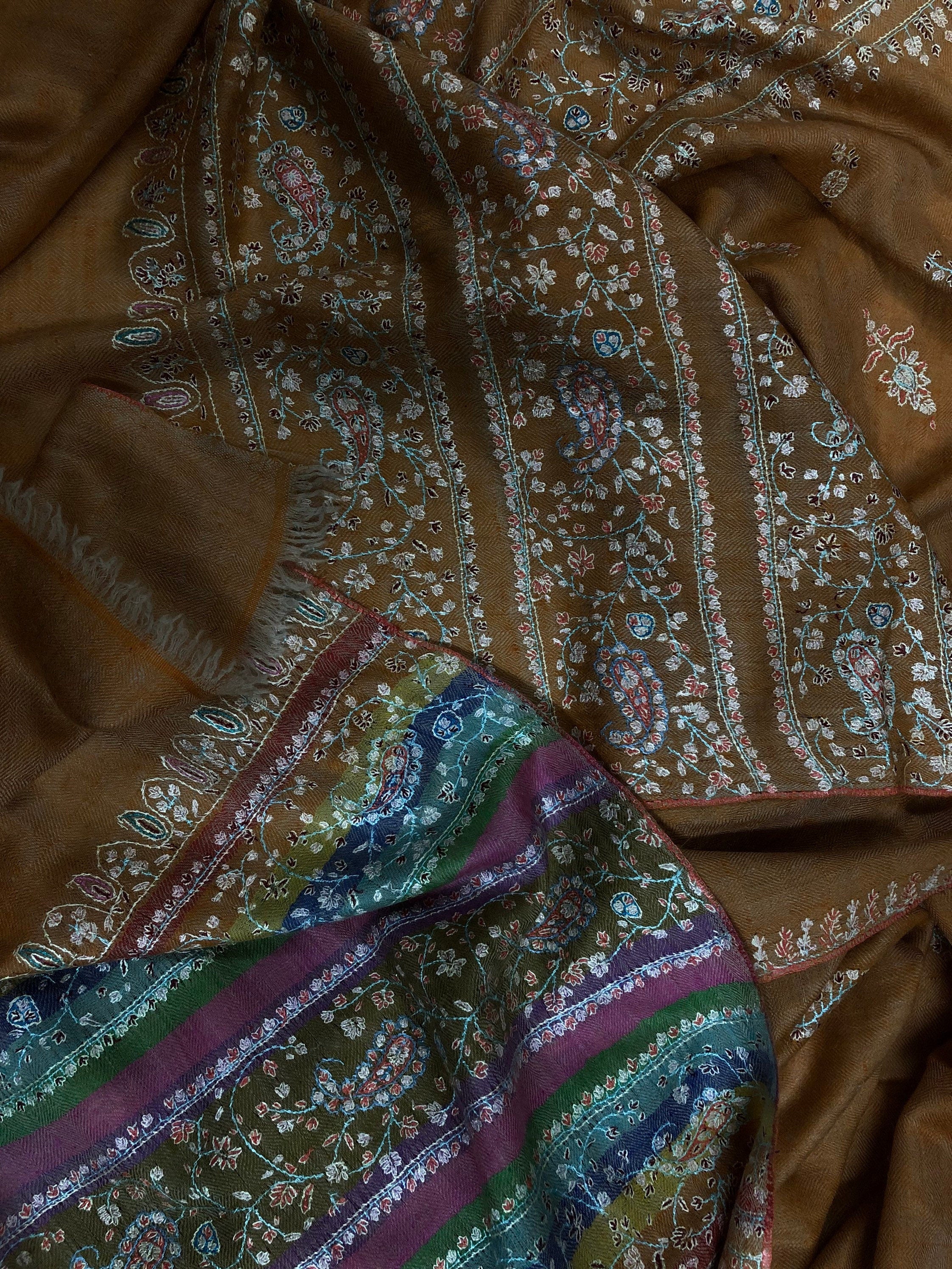 Pashmina Black FridayHazel modern design micro fine sozni hand embroidered real cashmere pashmina stole scarf shawl - Mehraj Crafts 