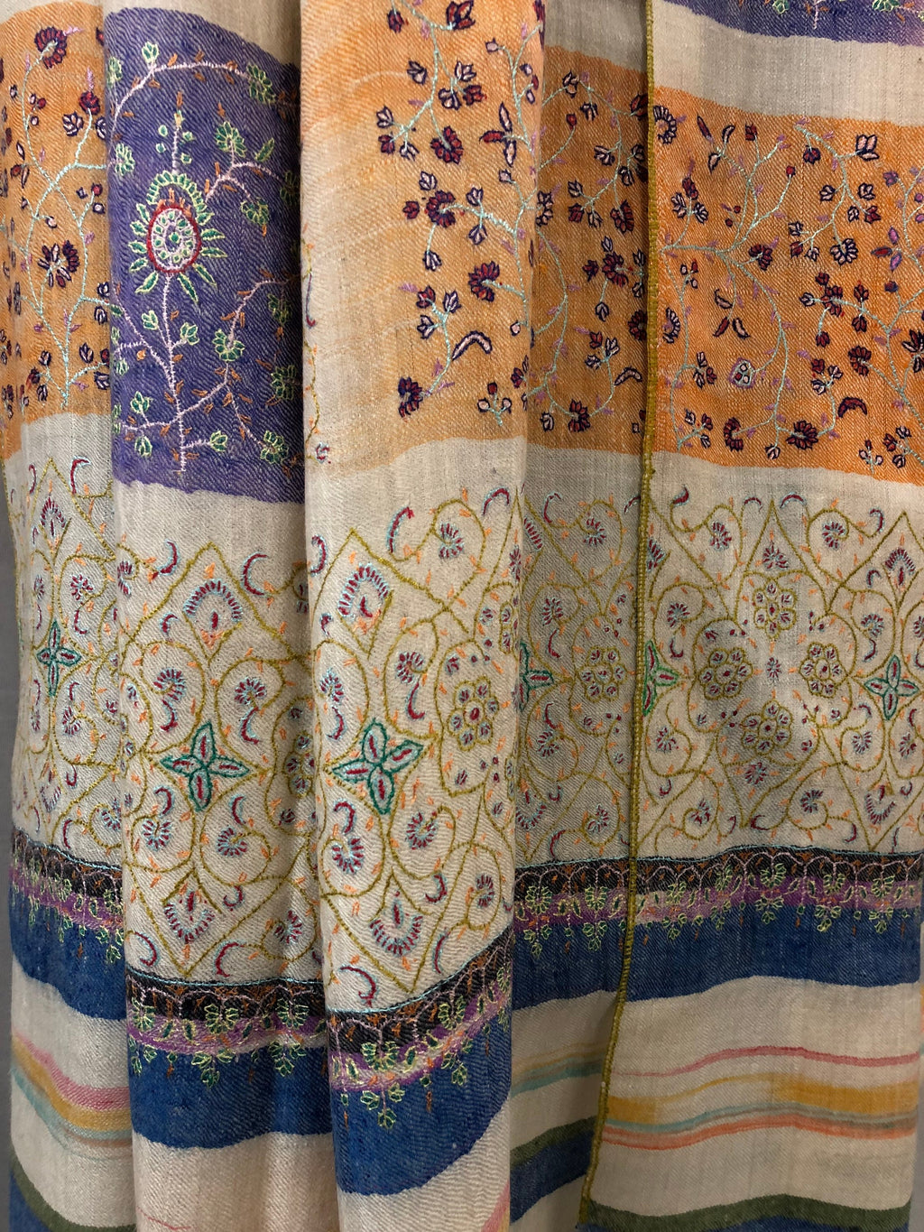 Handwoven Cashmere Pashmina Stole: Peach Fuzz Ikkat Embroidery