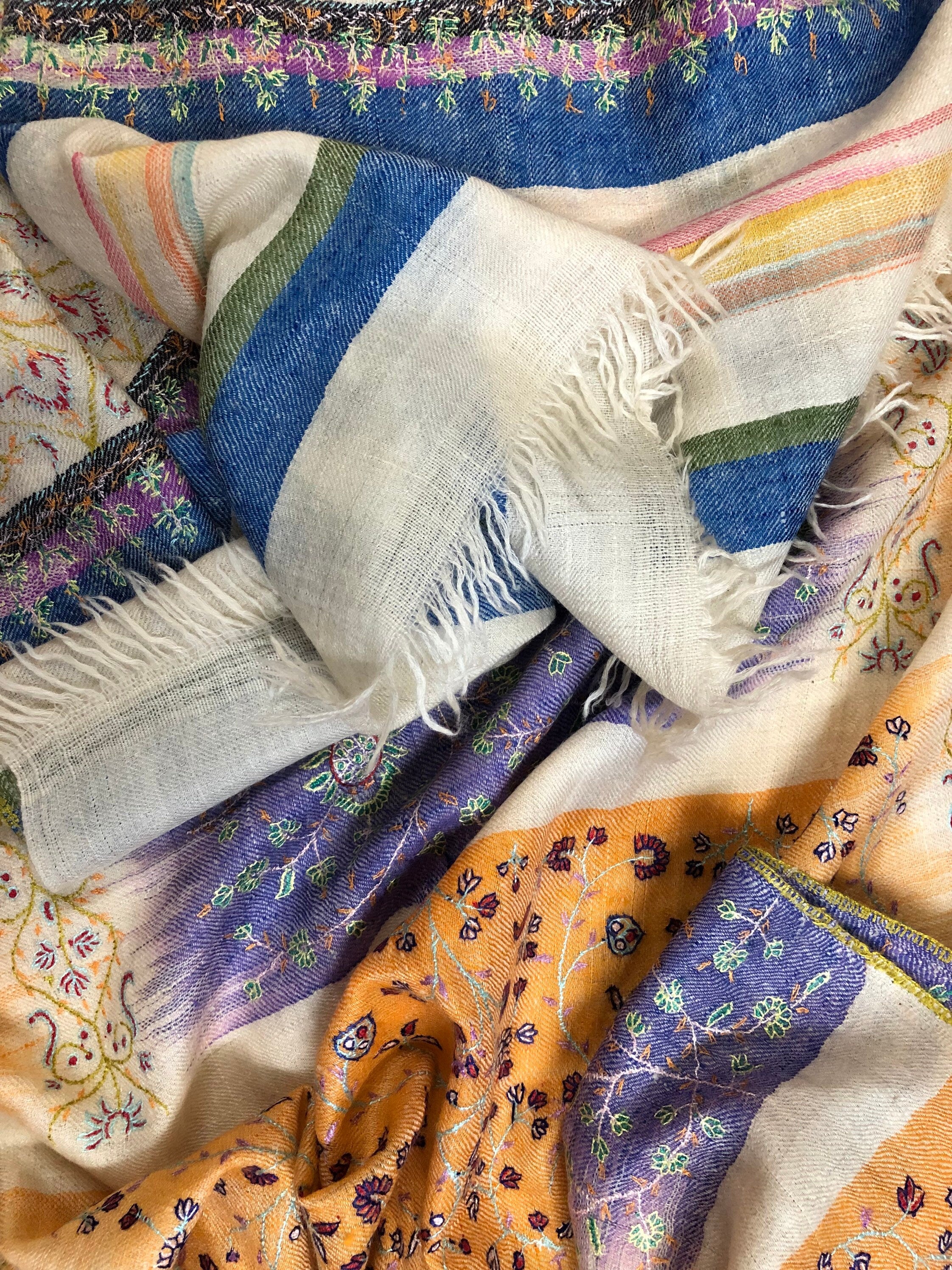 teacher gift Peach fuzz handwoven ikkat weave modern design super micro fine hand embroidered real cashmere pashmina stole shawl - Mehraj Crafts 