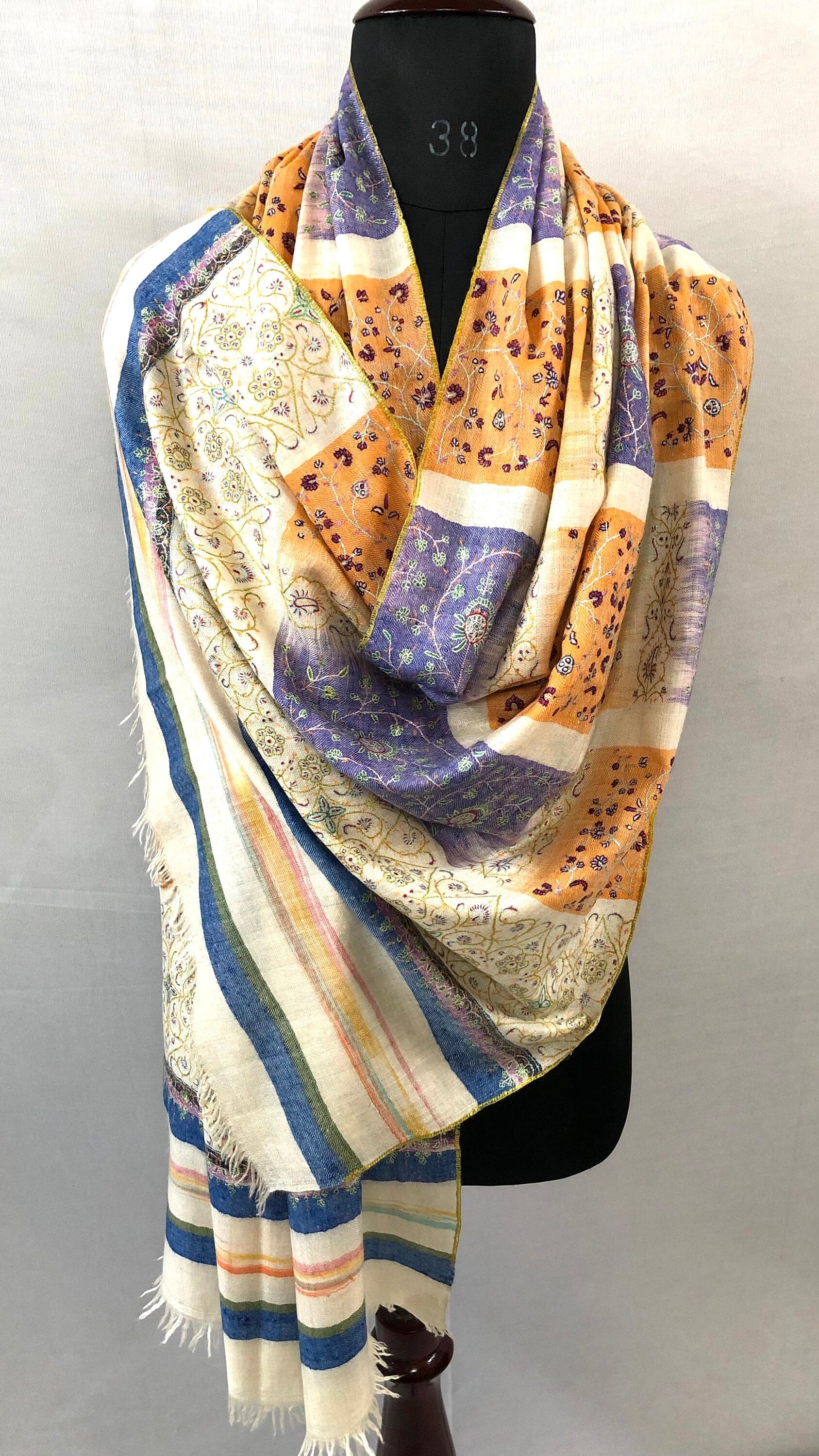 teacher gift Peach fuzz handwoven ikkat weave modern design super micro fine hand embroidered real cashmere pashmina stole shawl - Mehraj Crafts 