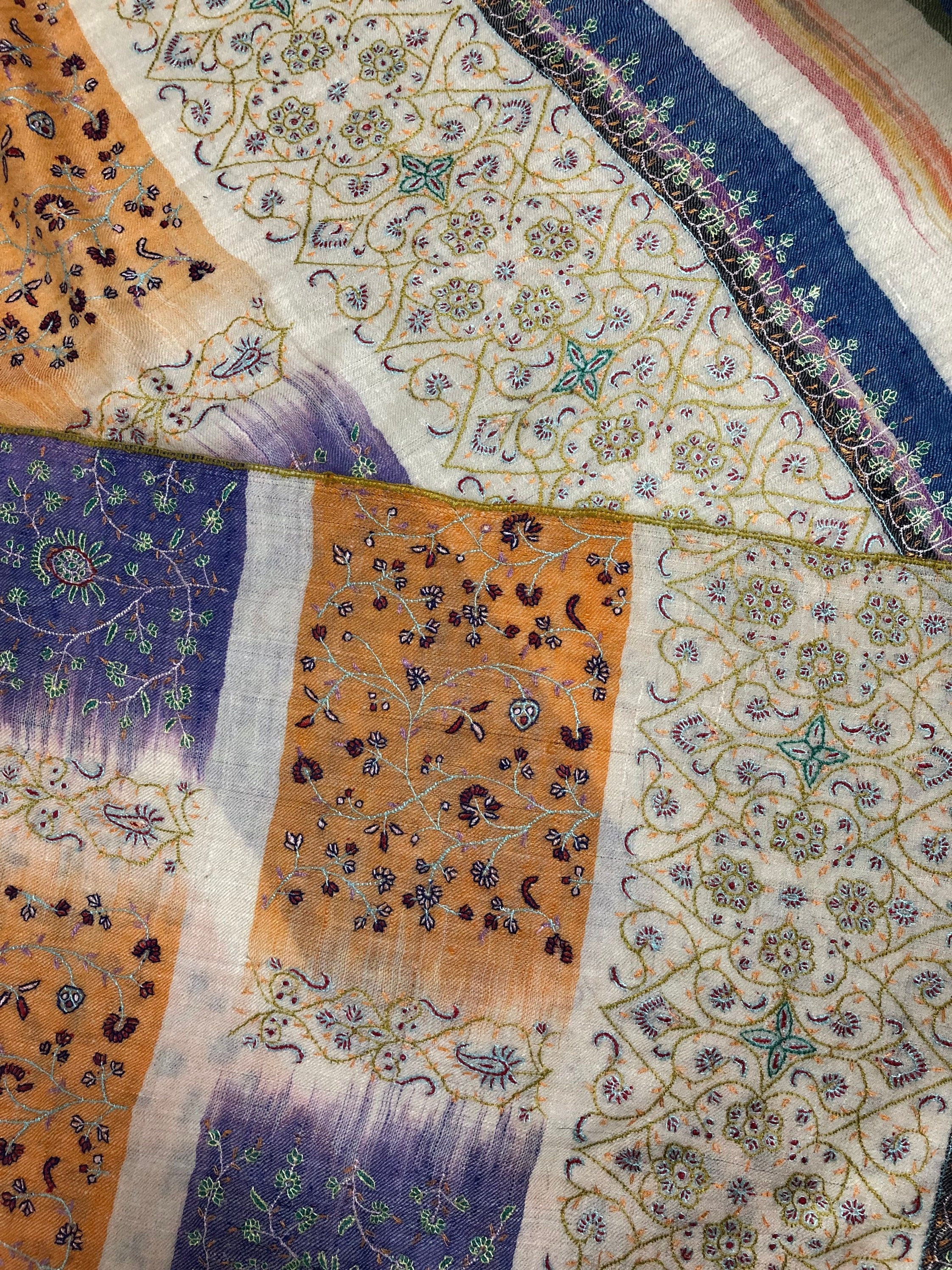 teacher gift Peach fuzz handwoven ikkat weave modern design super micro fine hand embroidered real cashmere pashmina stole shawl - Mehraj Crafts 