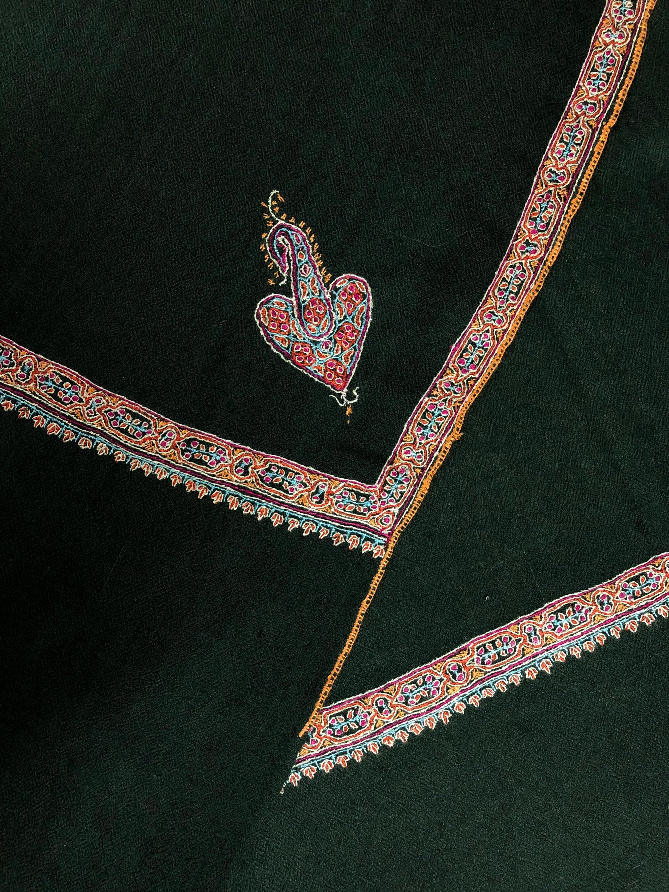 Pashmina christmas dayDark green sozni super fine hand Embroidered border handwoven real cashmere pashmina stole scarf shawl - Mehraj Crafts 