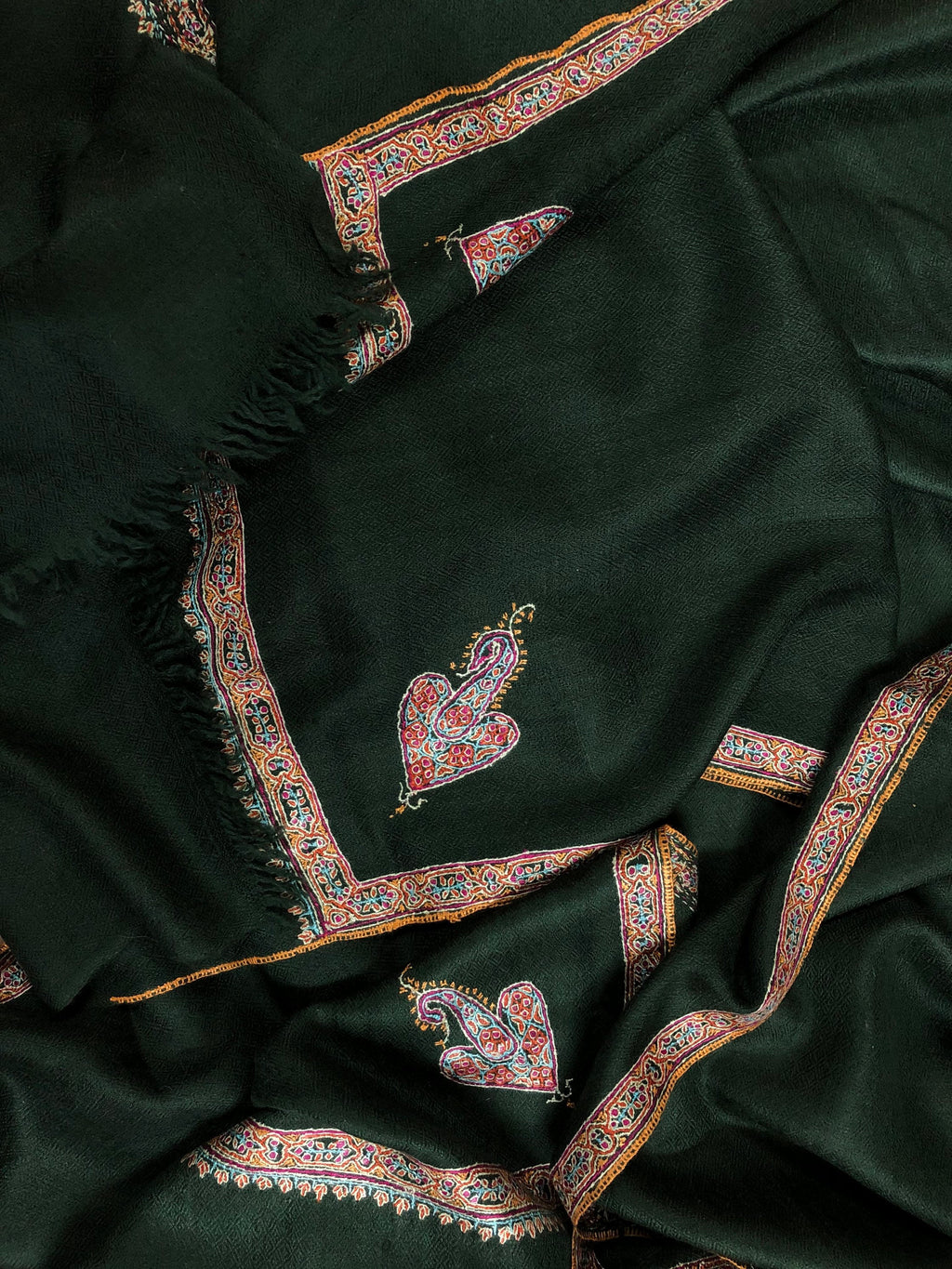 Pashmina christmas dayDark green sozni super fine hand Embroidered border handwoven real cashmere pashmina stole scarf shawl - Mehraj Crafts 