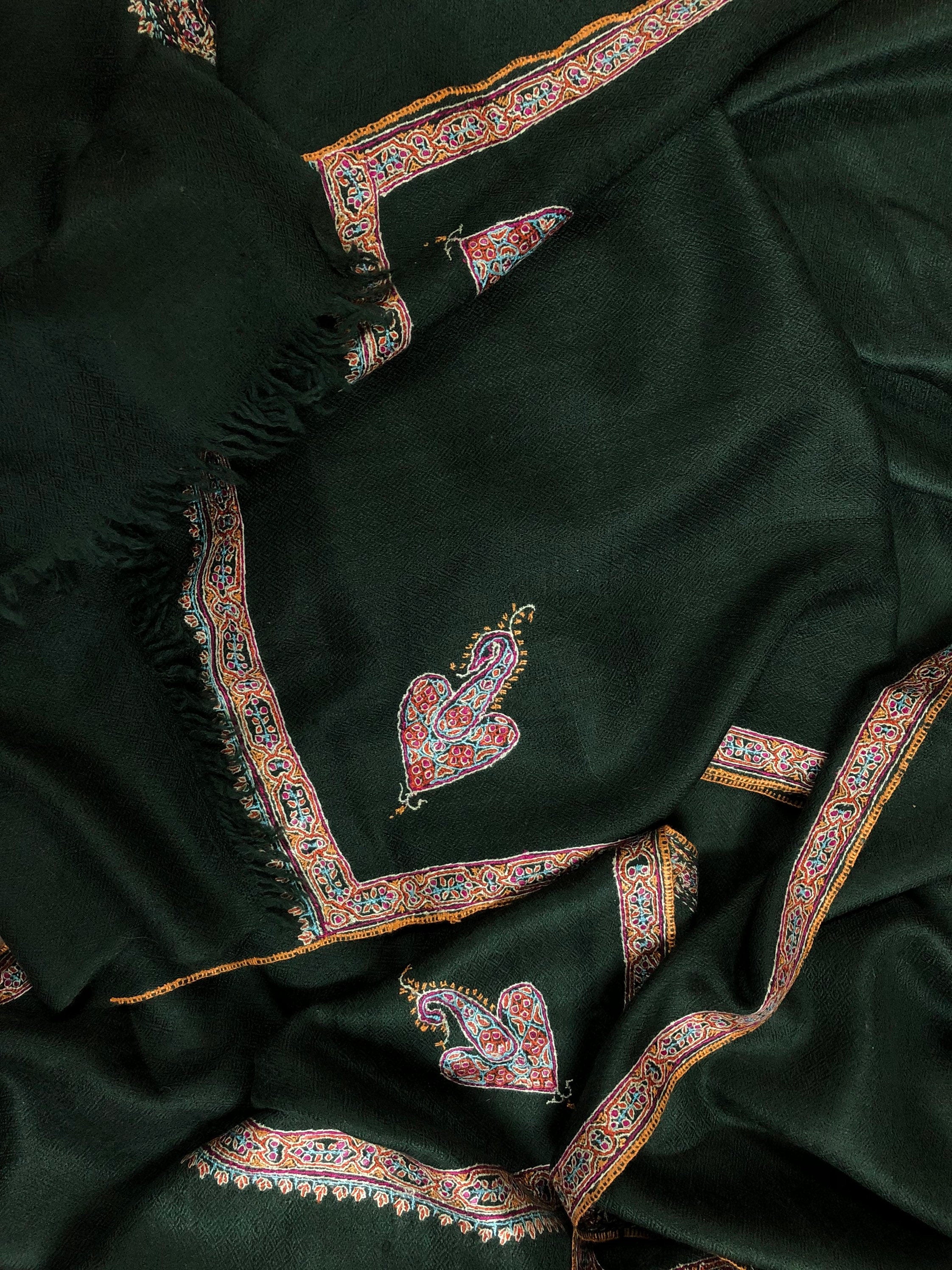 Pashmina christmas dayDark green sozni super fine hand Embroidered border handwoven real cashmere pashmina stole scarf shawl - Mehraj Crafts 