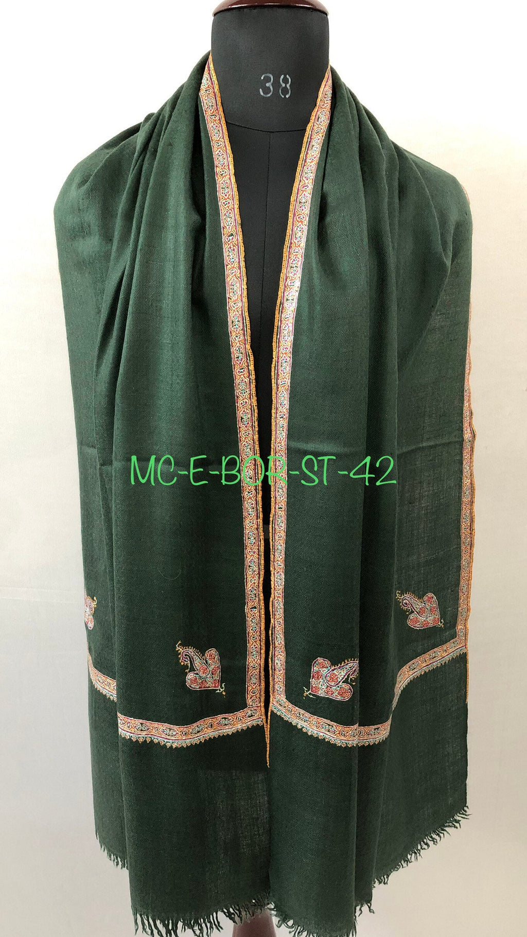 Pashmina christmas dayDark green sozni super fine hand Embroidered border handwoven real cashmere pashmina stole scarf shawl - Mehraj Crafts 