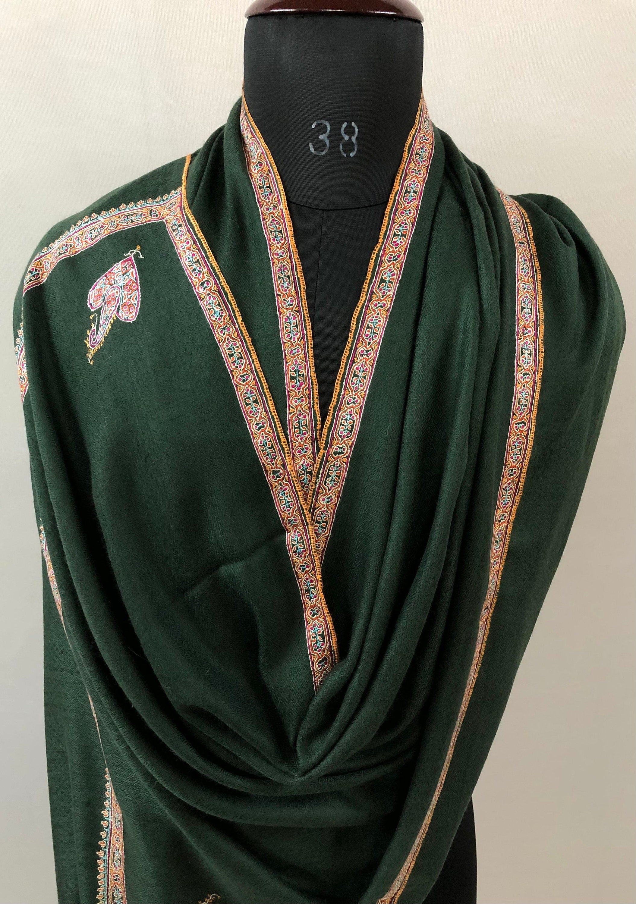 Pashmina christmas dayDark green sozni super fine hand Embroidered border handwoven real cashmere pashmina stole scarf shawl - Mehraj Crafts 