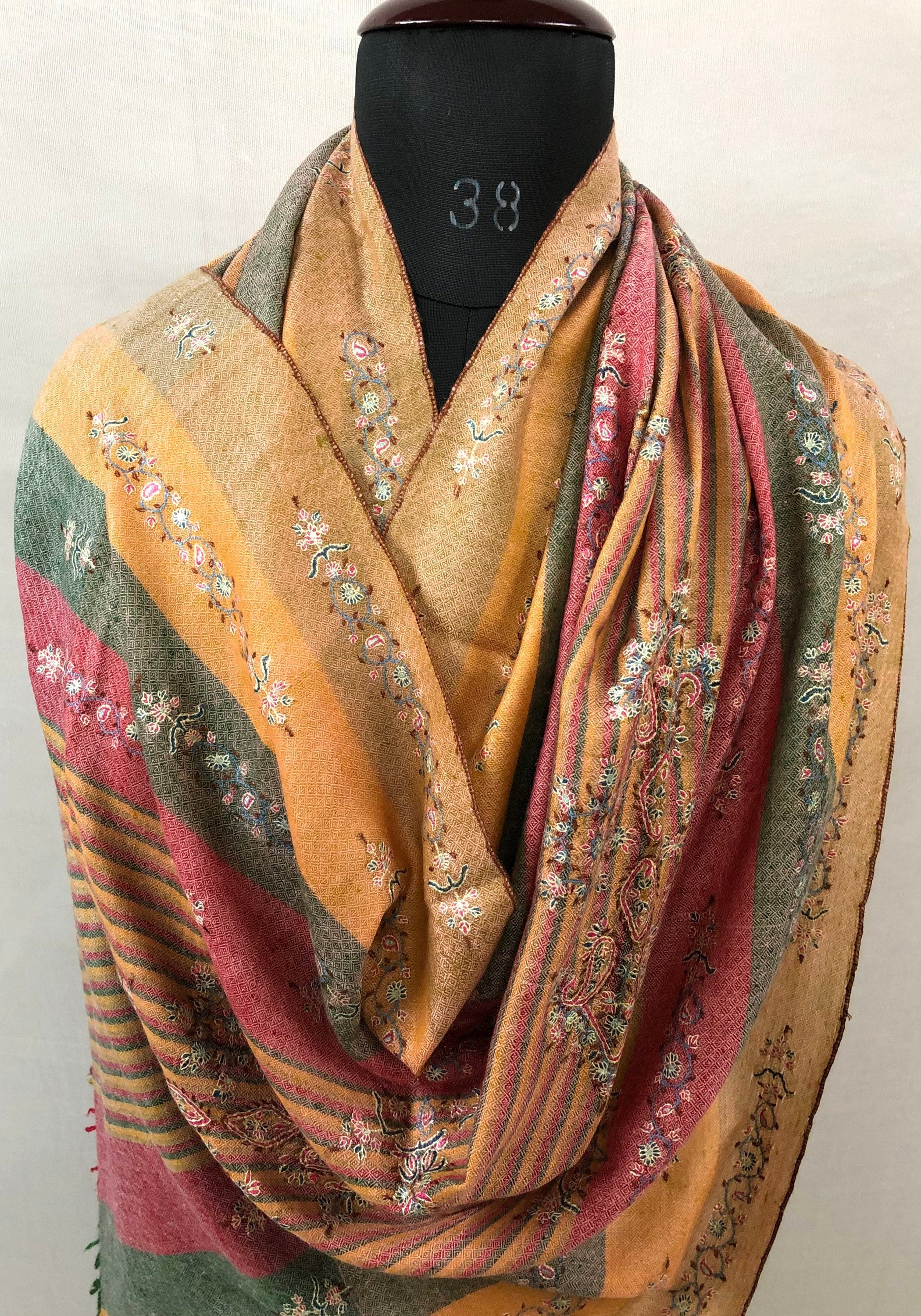 Pashmina Halloween Madras shadow stripes handcrafted micro fine embroidered modern design real cashmere pashmina stole shawl - Mehraj Crafts 