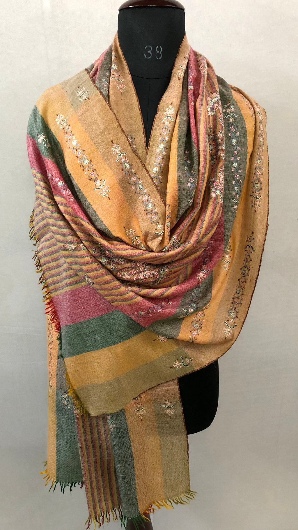 Pashmina Halloween Madras shadow stripes handcrafted micro fine embroidered modern design real cashmere pashmina stole shawl - Mehraj Crafts 