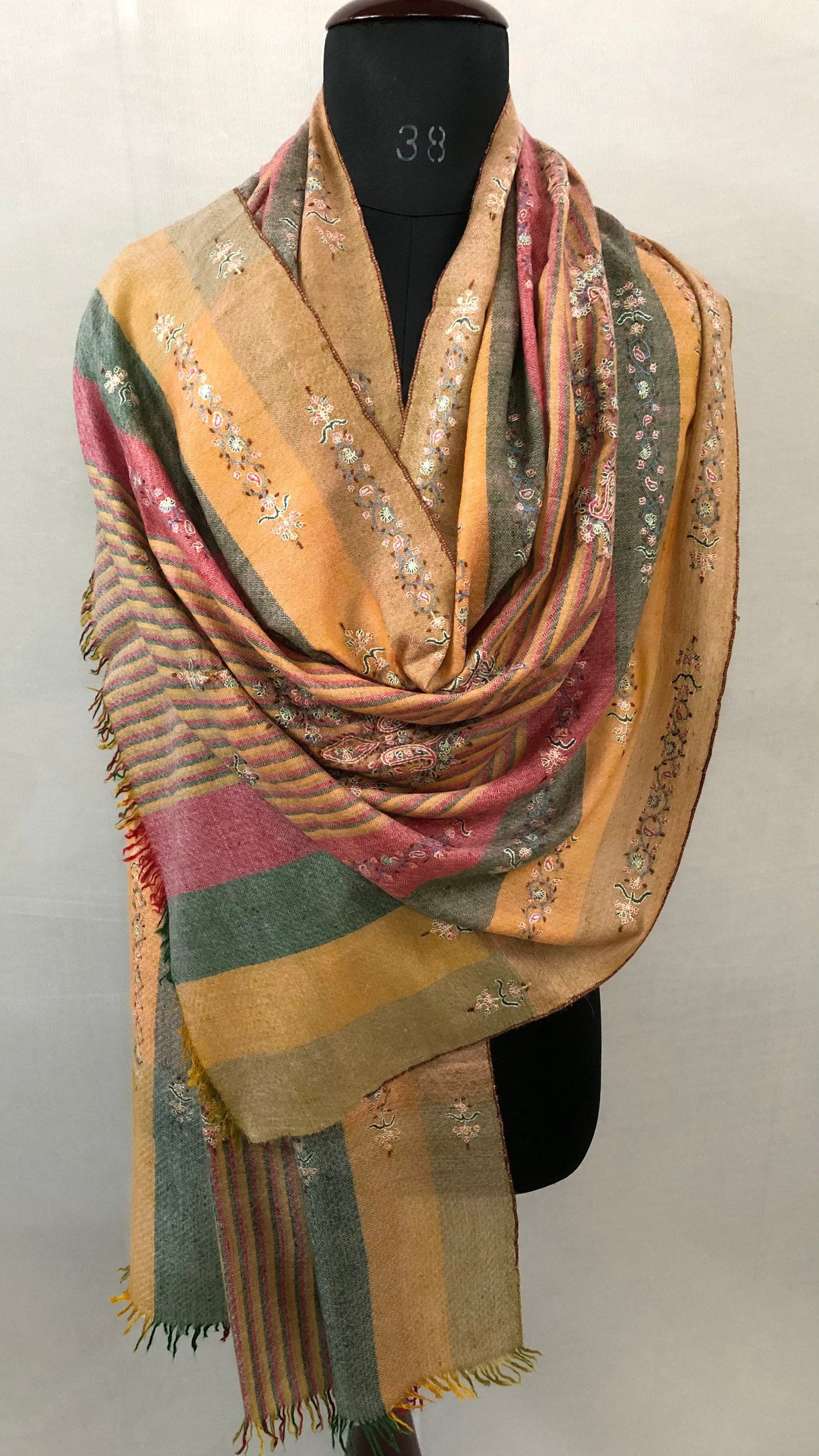 Pashmina Halloween Madras shadow stripes handcrafted micro fine embroidered modern design real cashmere pashmina stole shawl - Mehraj Crafts 