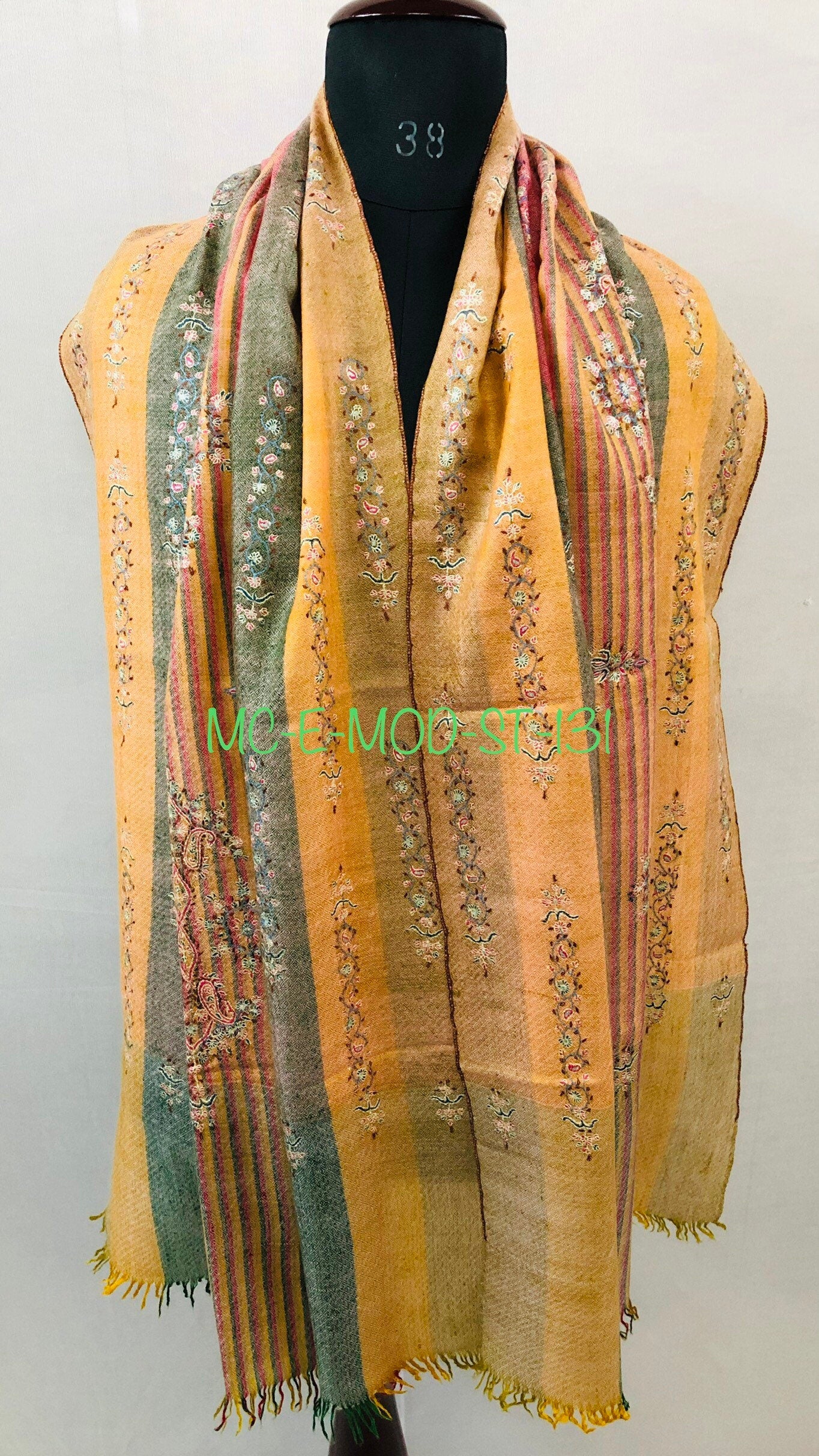 Pashmina Halloween Madras shadow stripes handcrafted micro fine embroidered modern design real cashmere pashmina stole shawl - Mehraj Crafts 