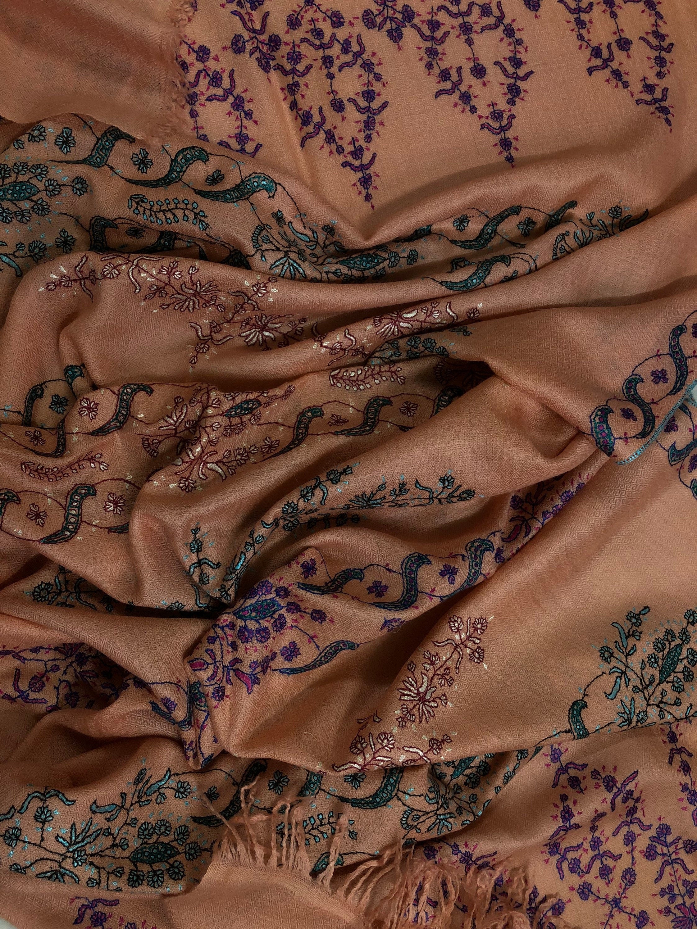 Pashmina christmas dayPeach nectar handcrafted micro fine designer embroidered handwoven real cashmere pashmina stole - Mehraj Crafts 