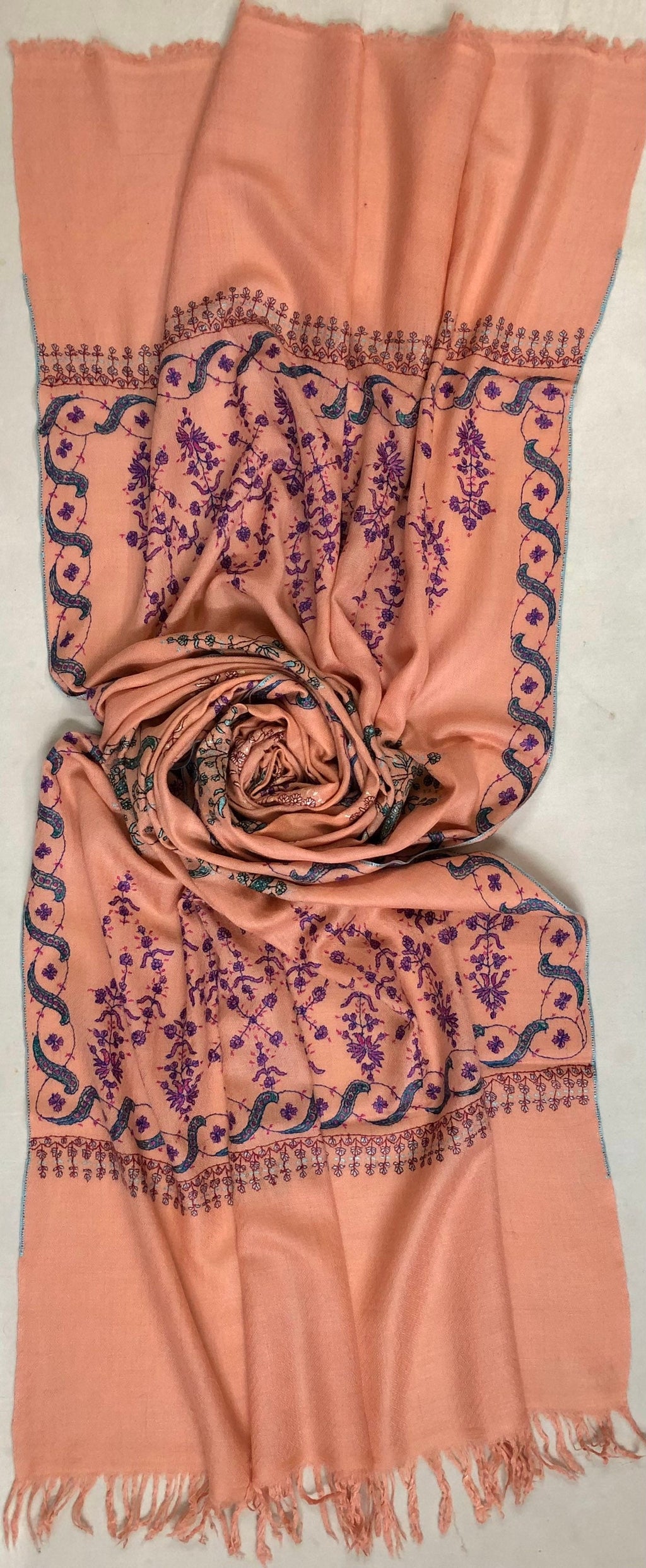 Pashmina christmas dayPeach nectar handcrafted micro fine designer embroidered handwoven real cashmere pashmina stole - Mehraj Crafts 