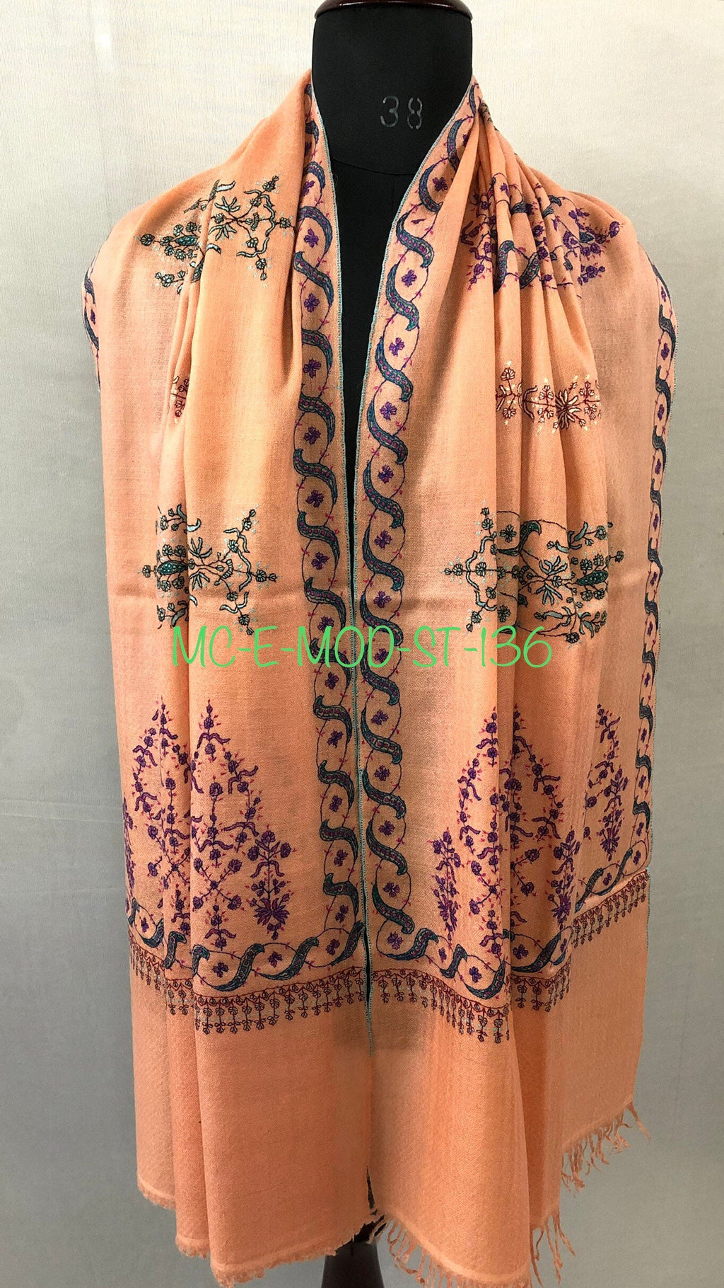 Pashmina christmas dayPeach nectar handcrafted micro fine designer embroidered handwoven real cashmere pashmina stole - Mehraj Crafts 