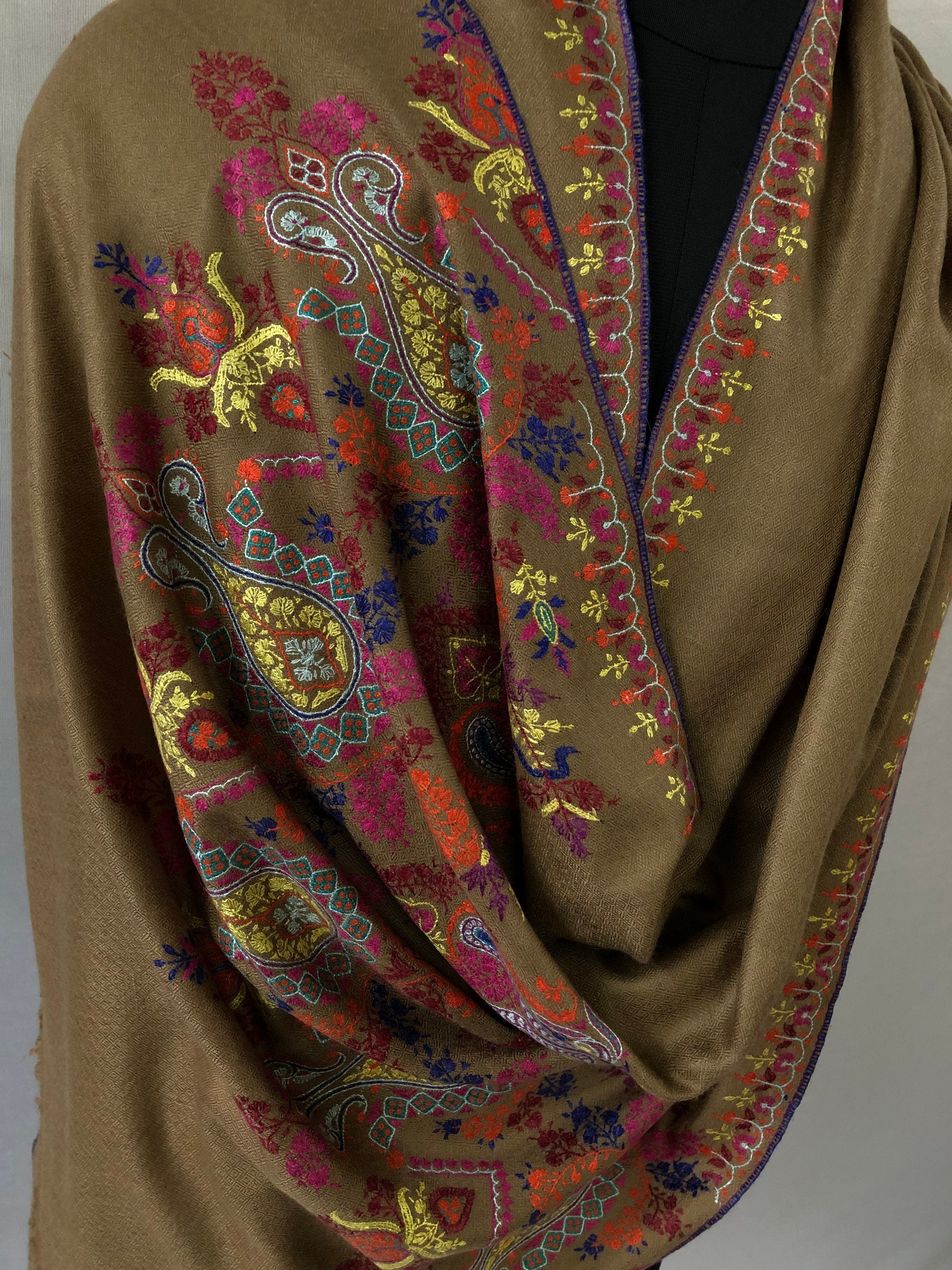 GI sozani Tigers eye brown elegant designer palla  handcrafted micro fine embroidered real cashmere pashmina stole scarf shawl - Mehraj Crafts 