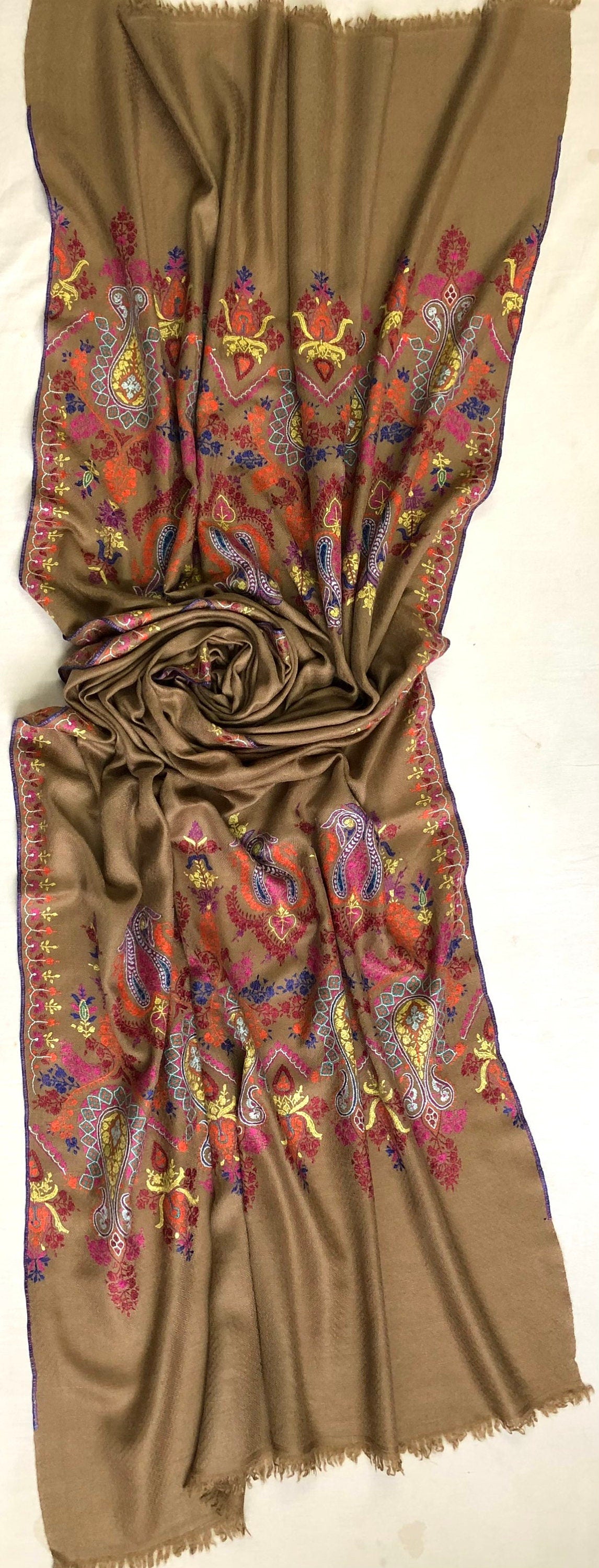 GI sozani Tigers eye brown elegant designer palla  handcrafted micro fine embroidered real cashmere pashmina stole scarf shawl - Mehraj Crafts 