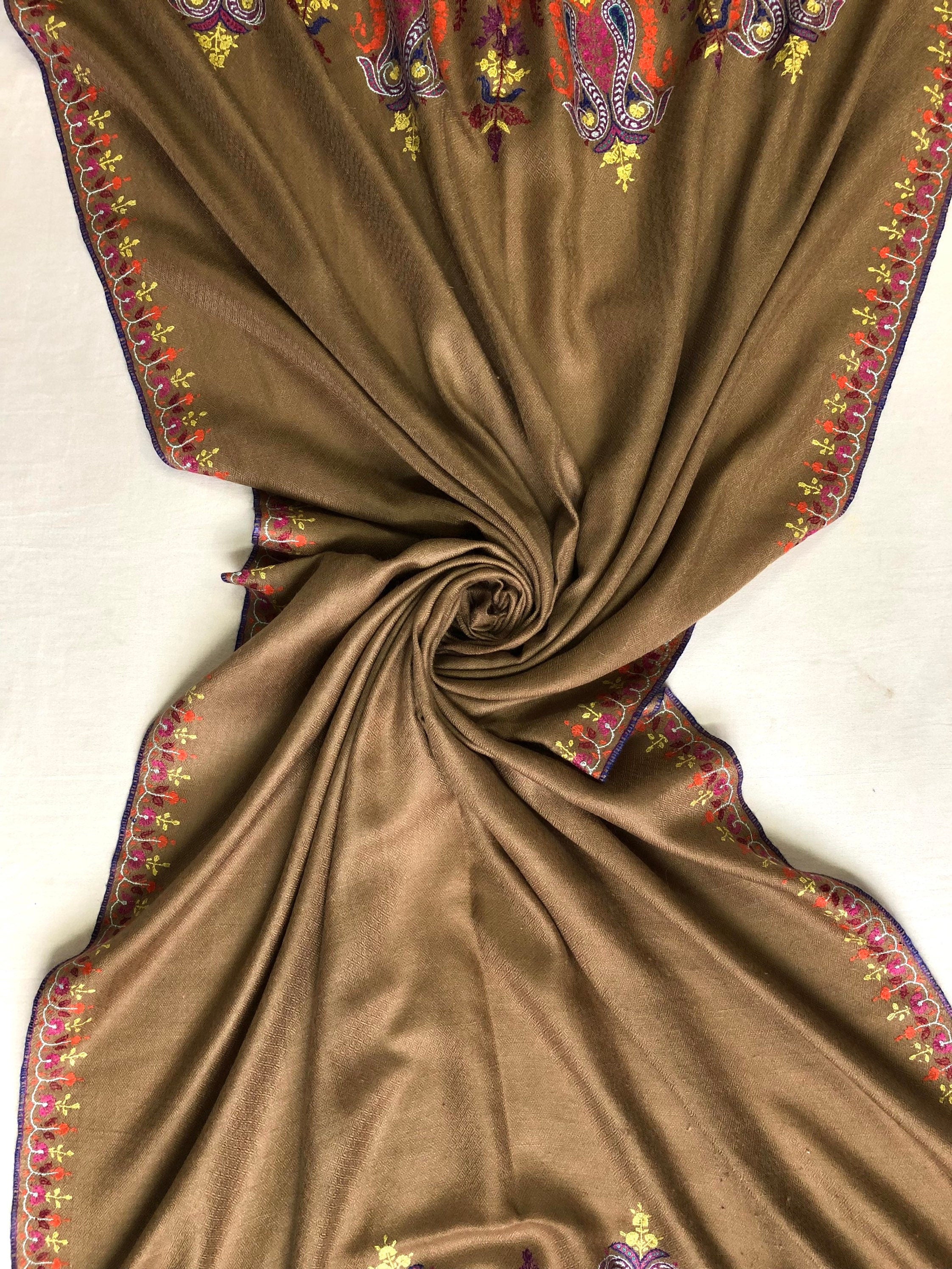 GI sozani Tigers eye brown elegant designer palla  handcrafted micro fine embroidered real cashmere pashmina stole scarf shawl - Mehraj Crafts 