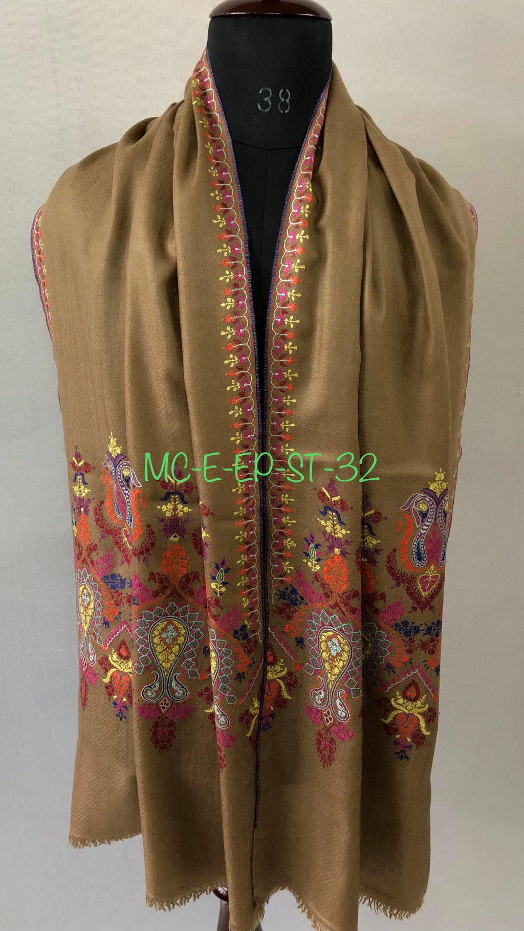 Handcrafted Cashmere Pashmina Shawl: Sozni Embroidery, Tiger's Eye Brown